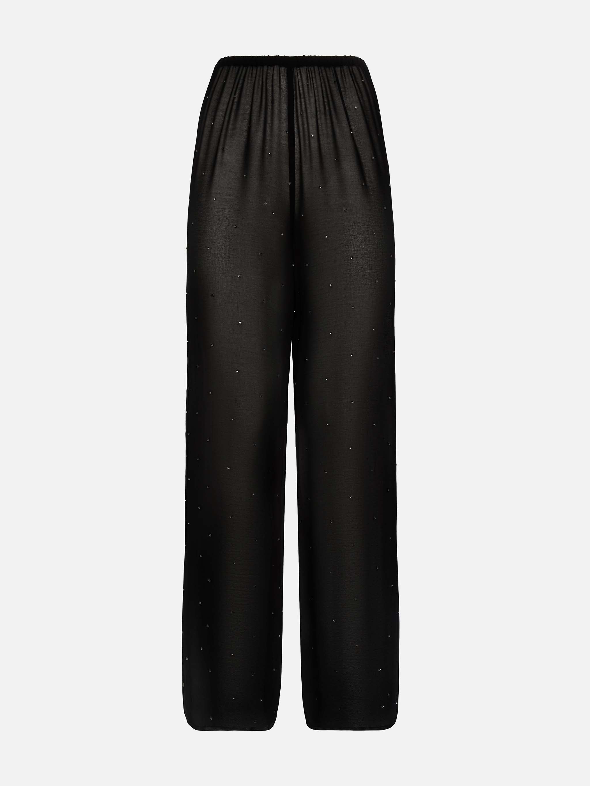Amalia Black Wide-Leg Georgette Trousers With Rhinestone Embellishment Pant