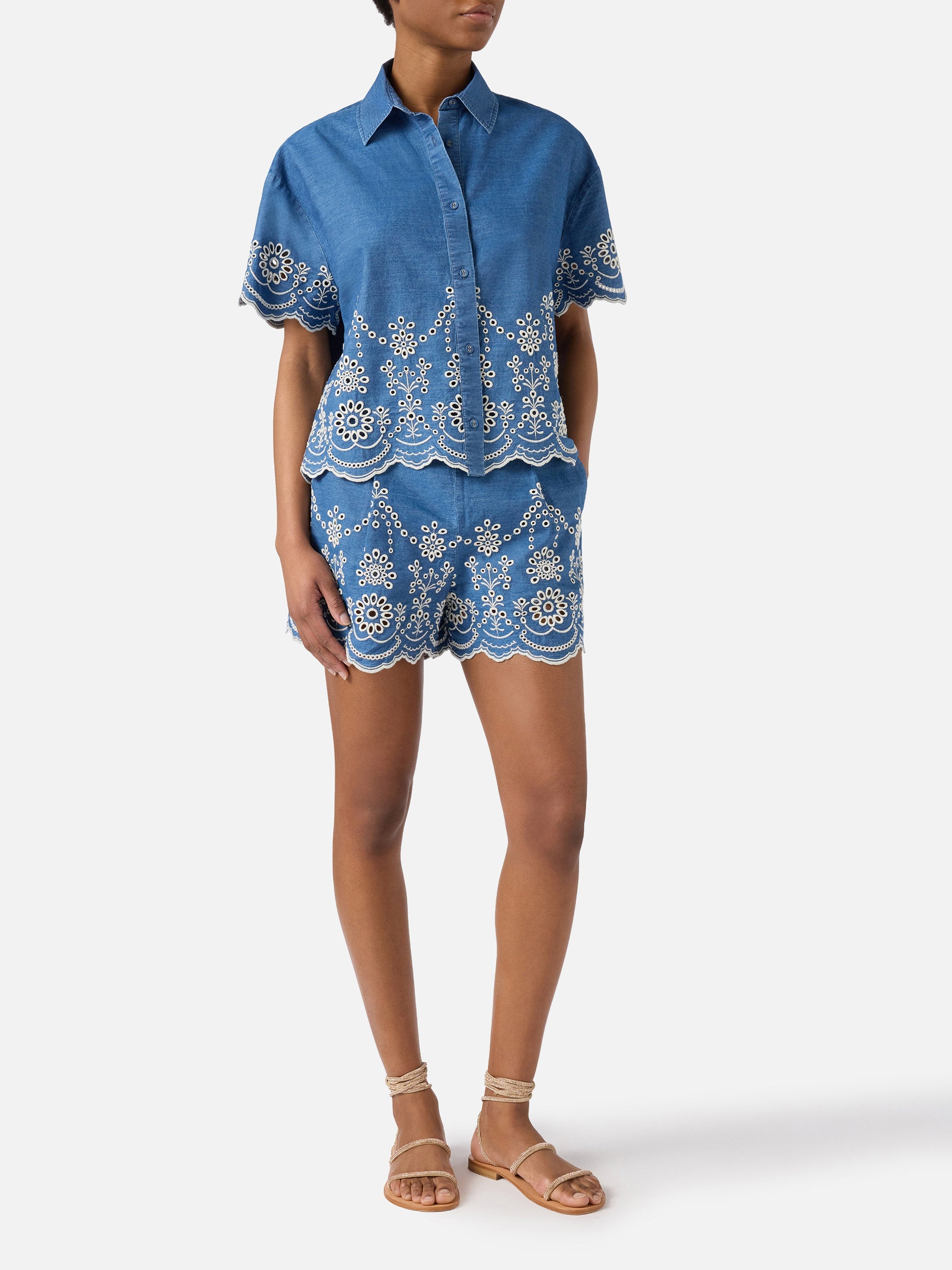 Amani Cotton Broderie Anglaise Shorts Blue Pant
