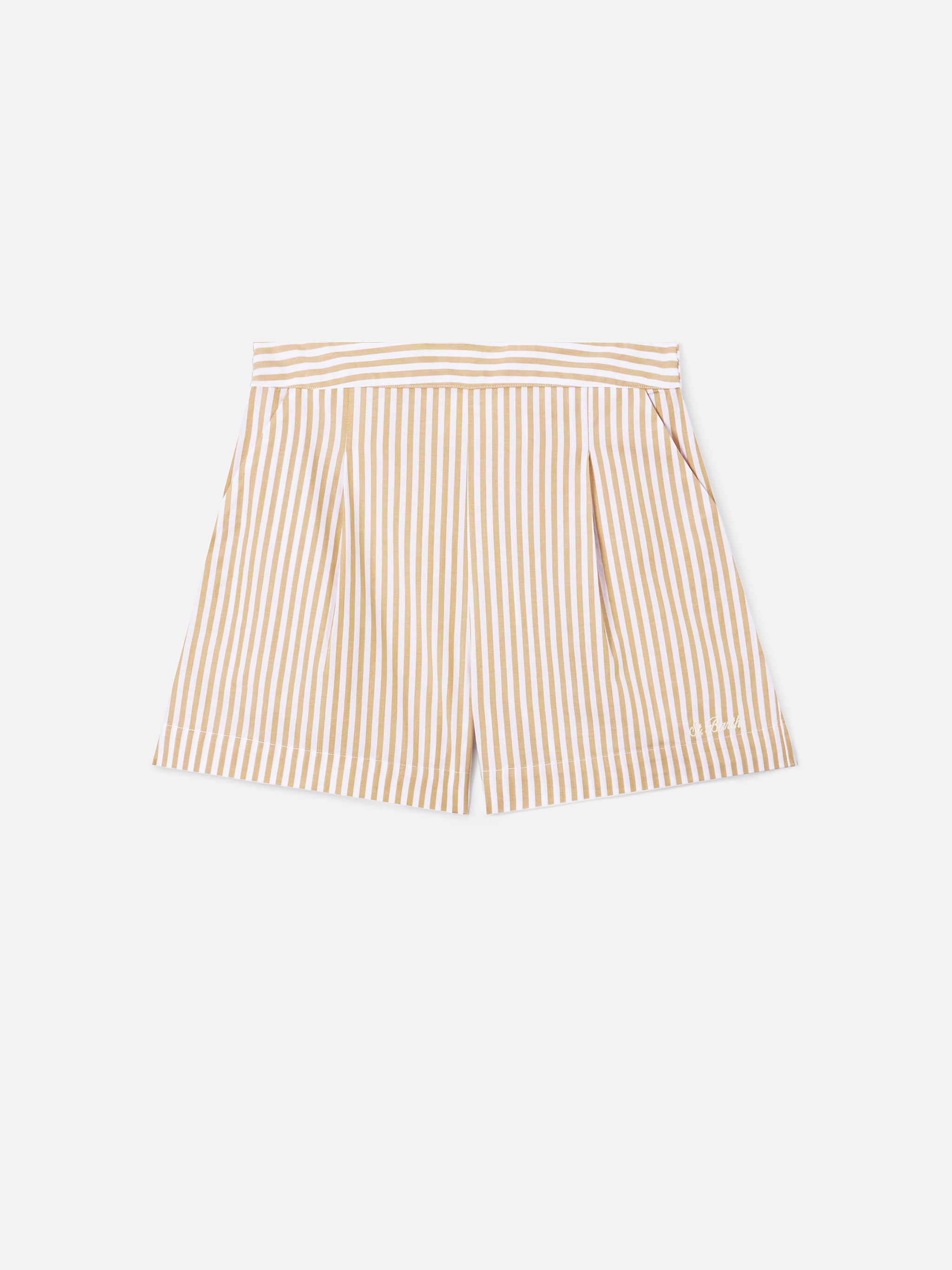 Beige Striped Amani Cotton Shorts White Pant