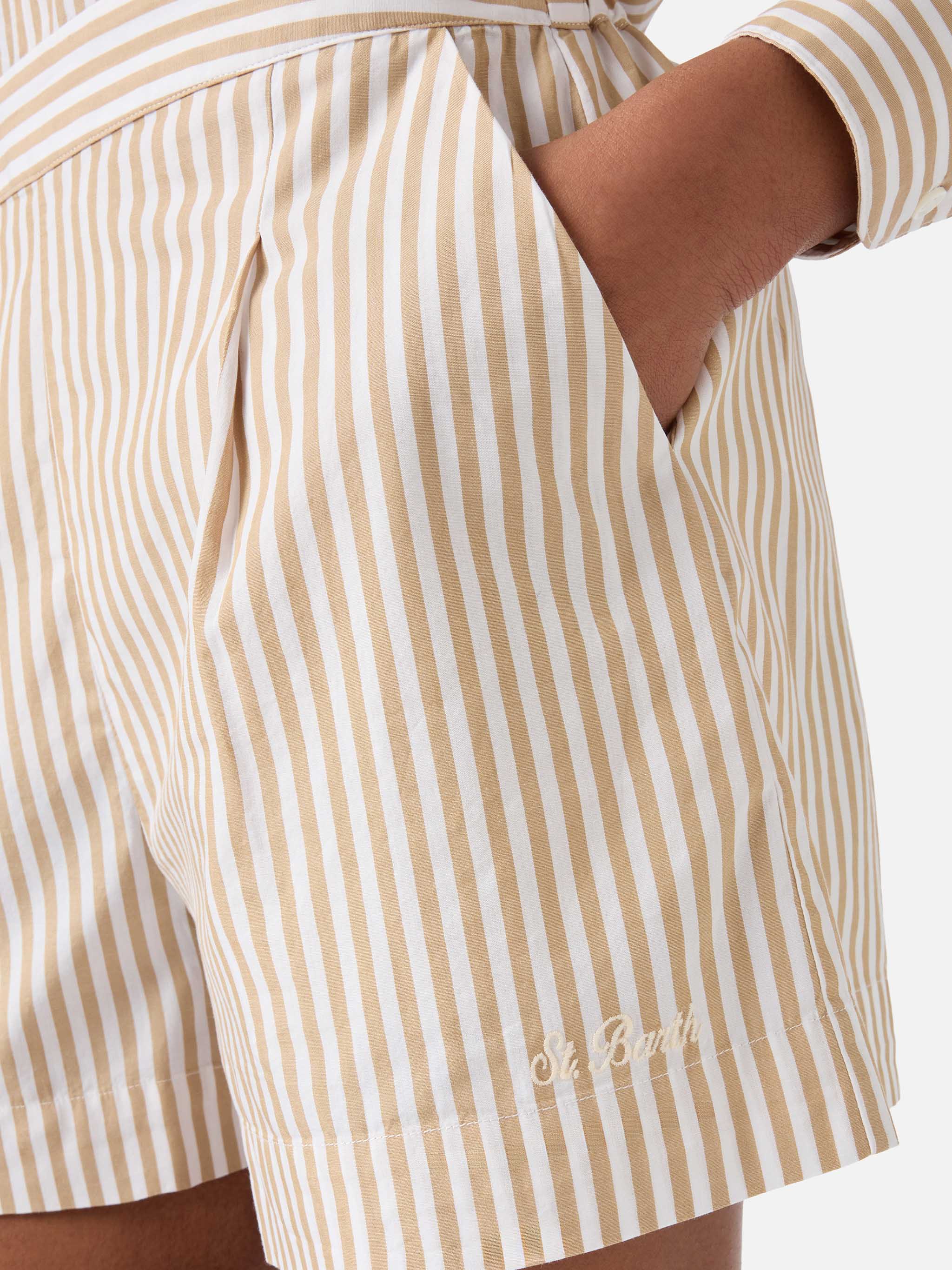 Beige Striped Amani Cotton Shorts White Pant