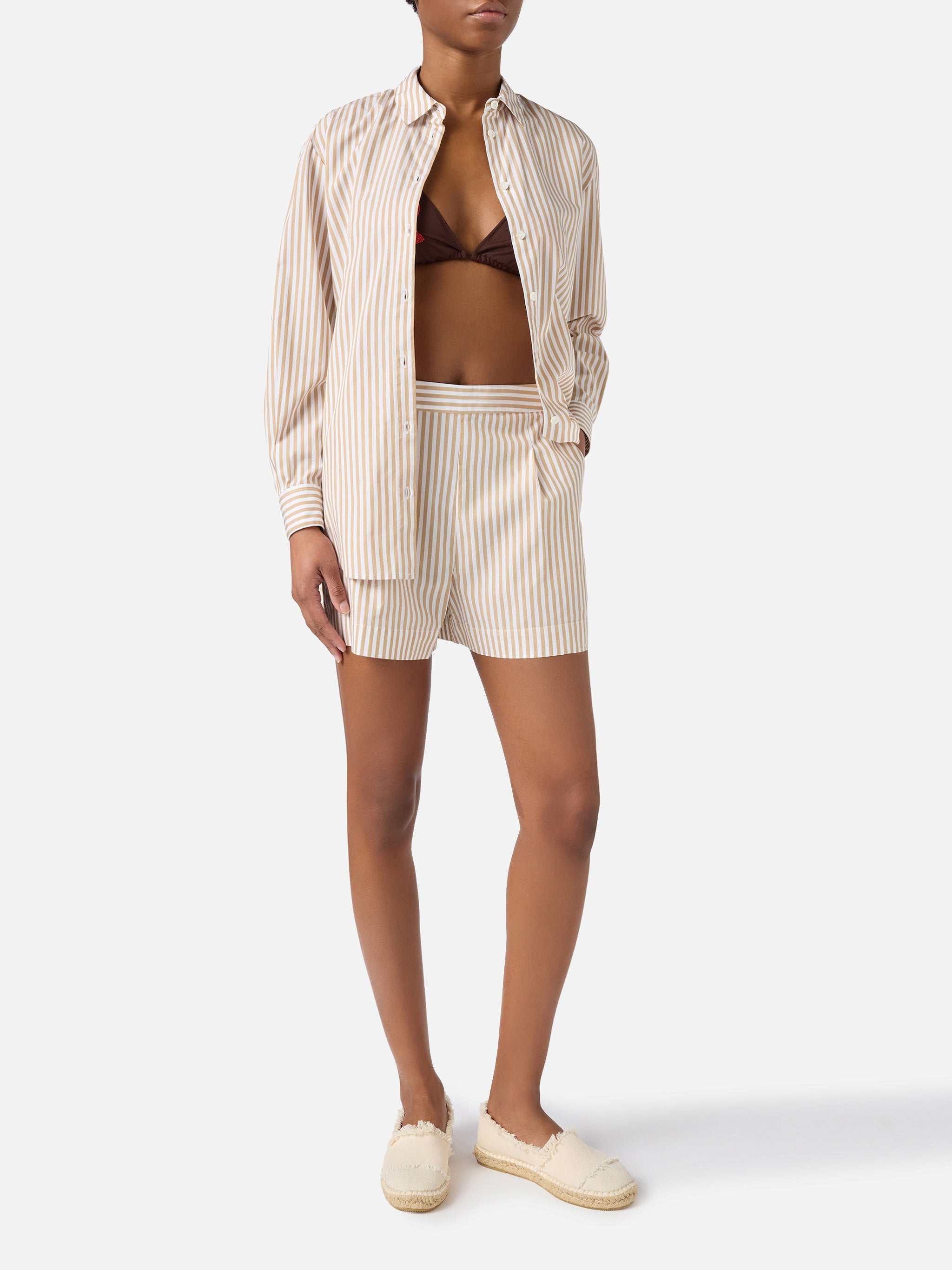 Beige Striped Amani Cotton Shorts White Pant
