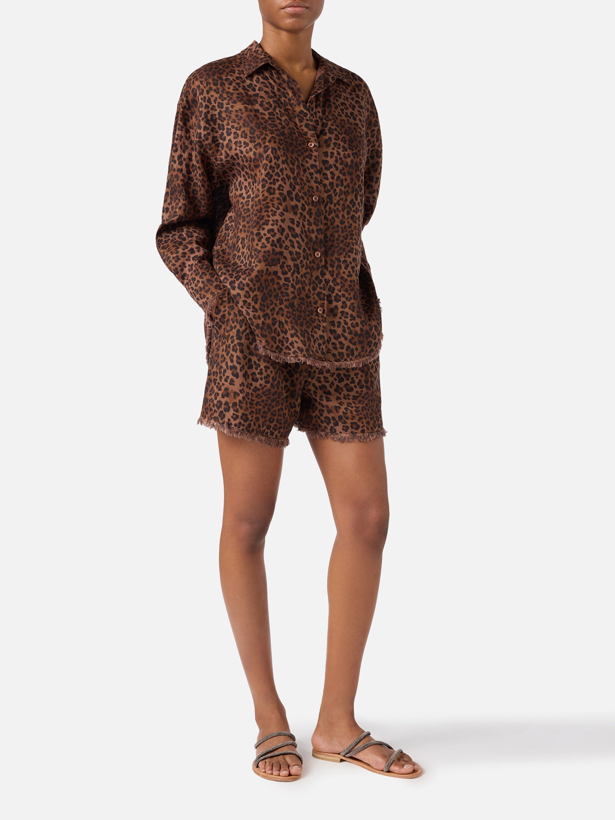 Amani Linen Leopard Print Shorts Brown Pant