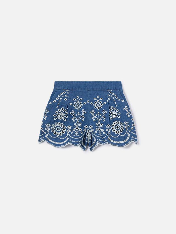 Amani Jr Chambray Shorts With Broderie Detailing Blue Pant