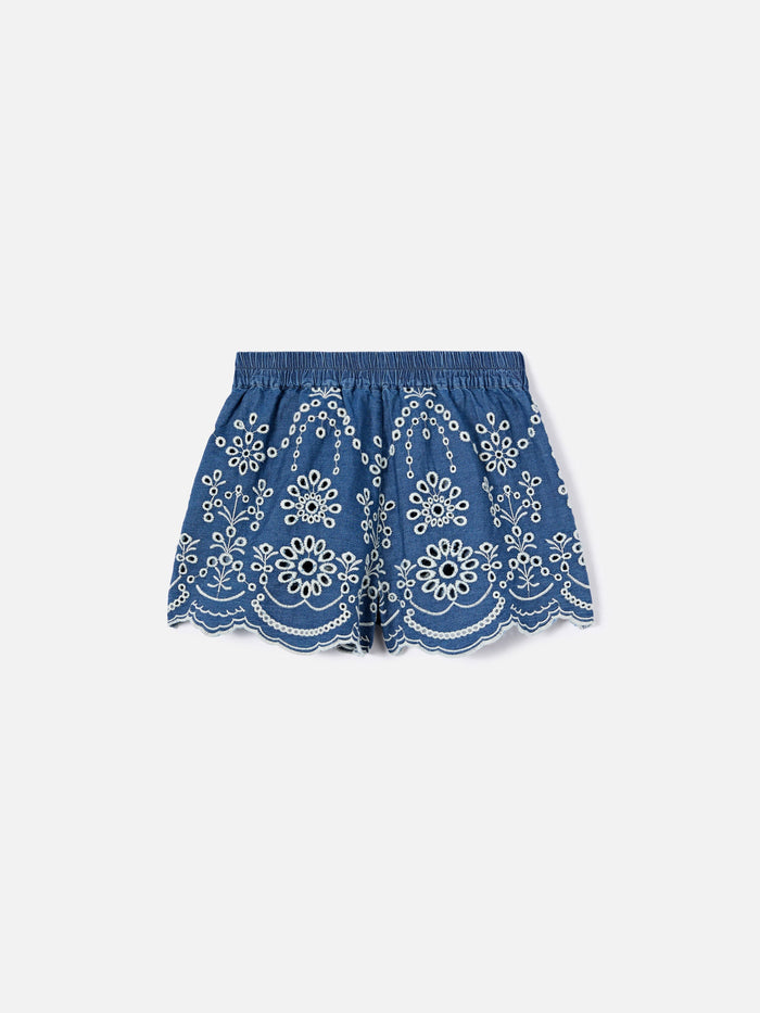 Amani Jr Chambray Shorts With Broderie Detailing Blue Pant