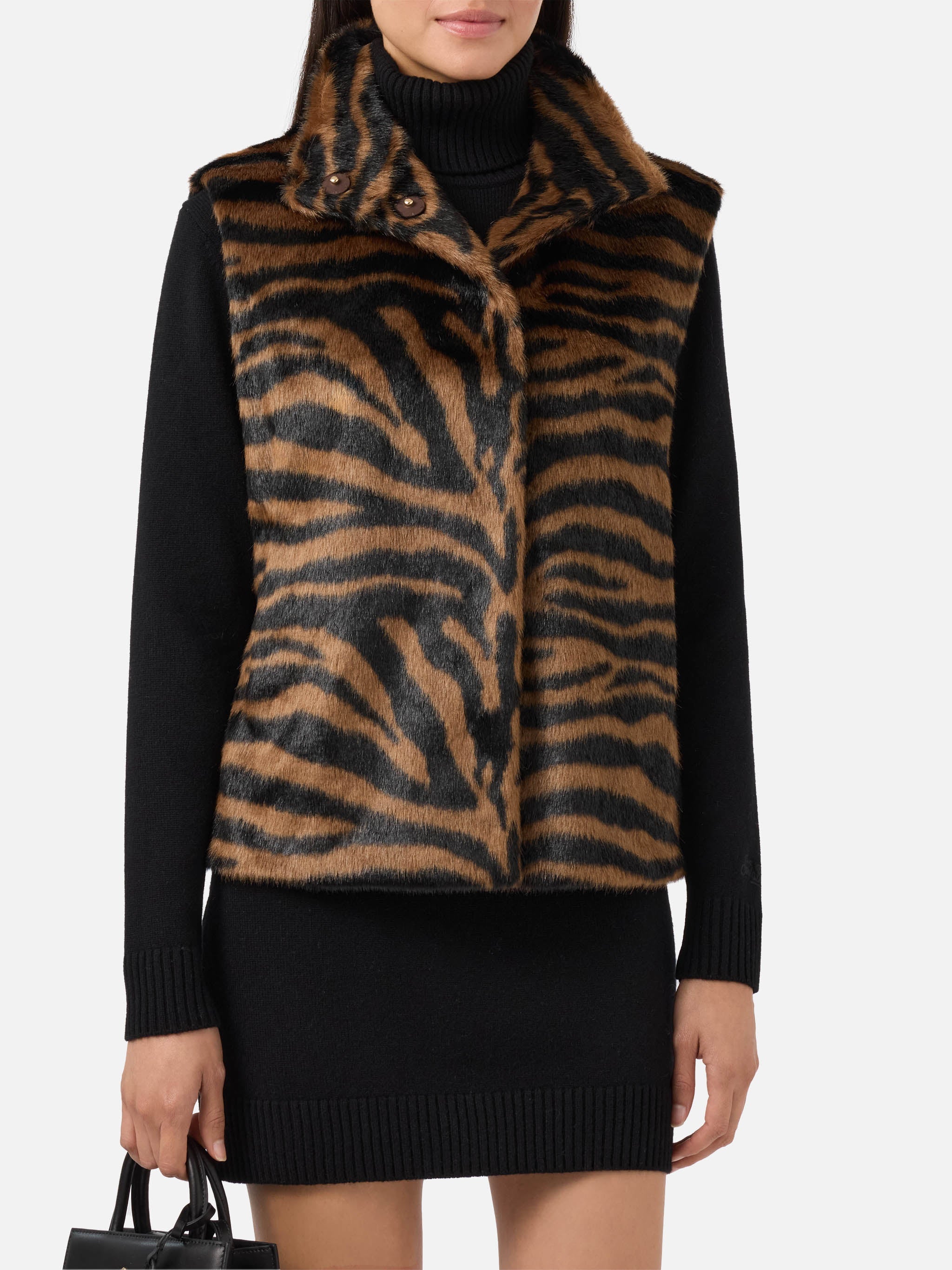 Ambre Faux-Fur Gilet With Zebra Print Brown Coat