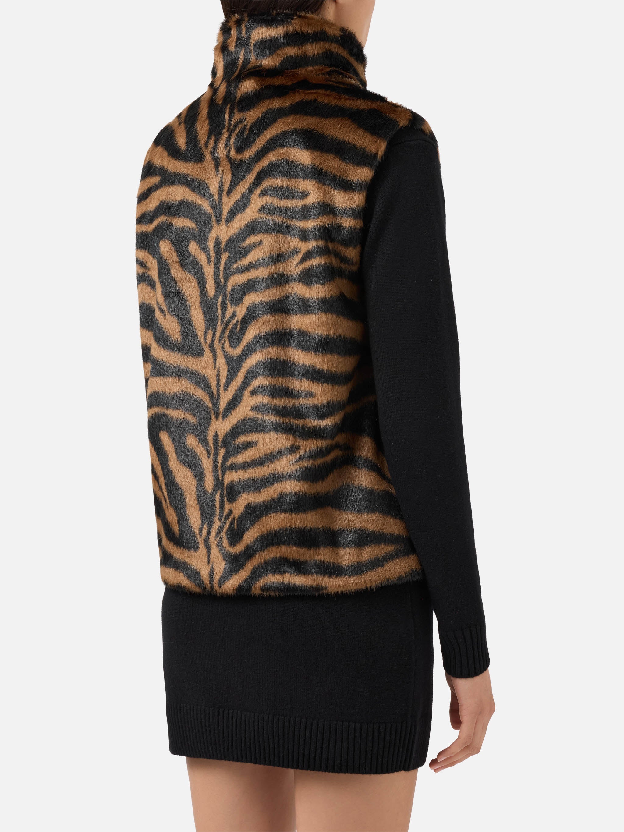 Ambre Faux-Fur Gilet With Zebra Print Brown Coat