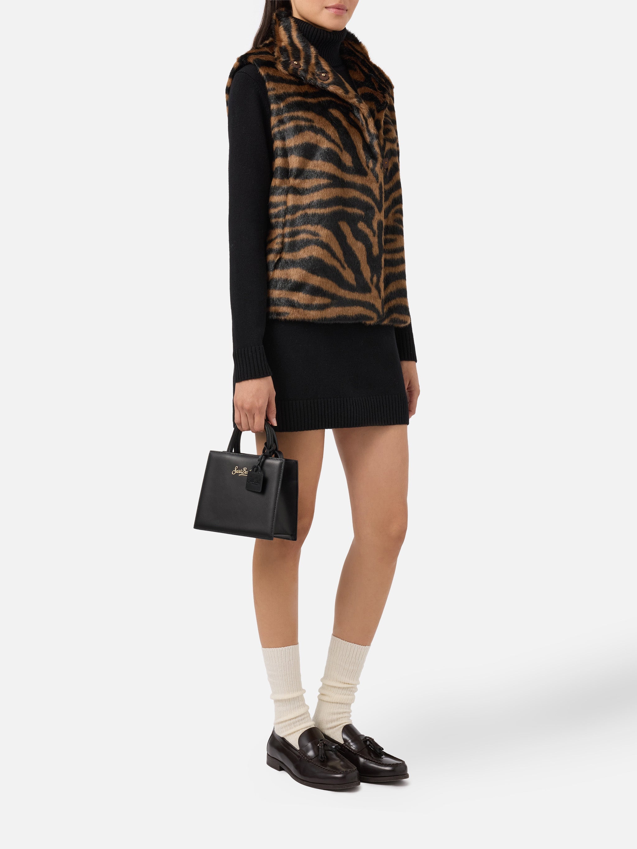 Ambre Faux-Fur Gilet With Zebra Print Brown Coat