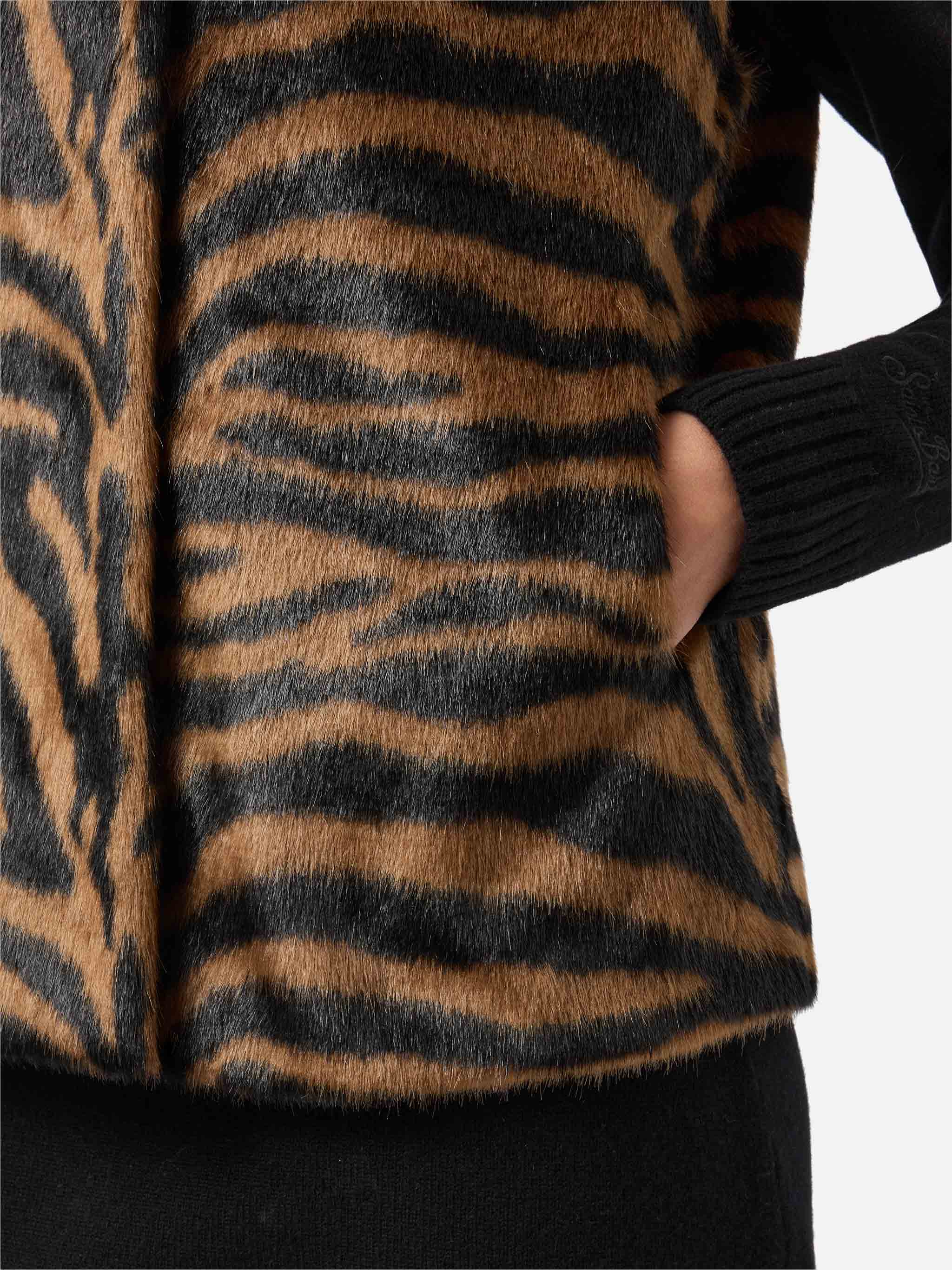 Ambre Faux-Fur Gilet With Zebra Print Brown Coat