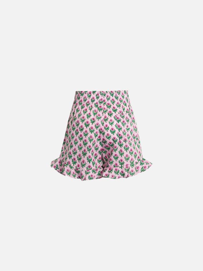 Girl Cotton Ruffled Shorts Ander P With Flower Print Pink Pant