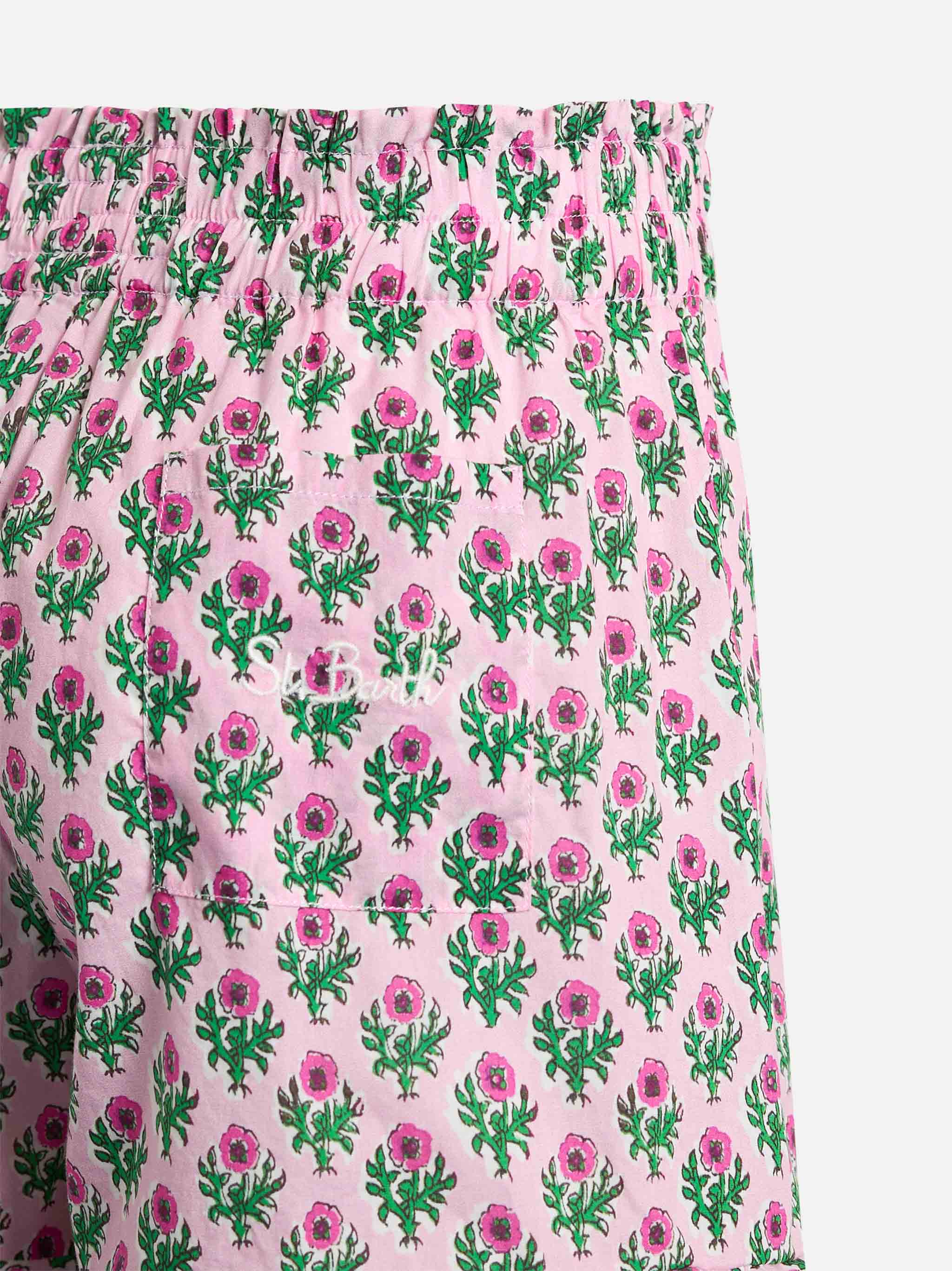 Girl Cotton Ruffled Shorts Ander P With Flower Print Pink Pant
