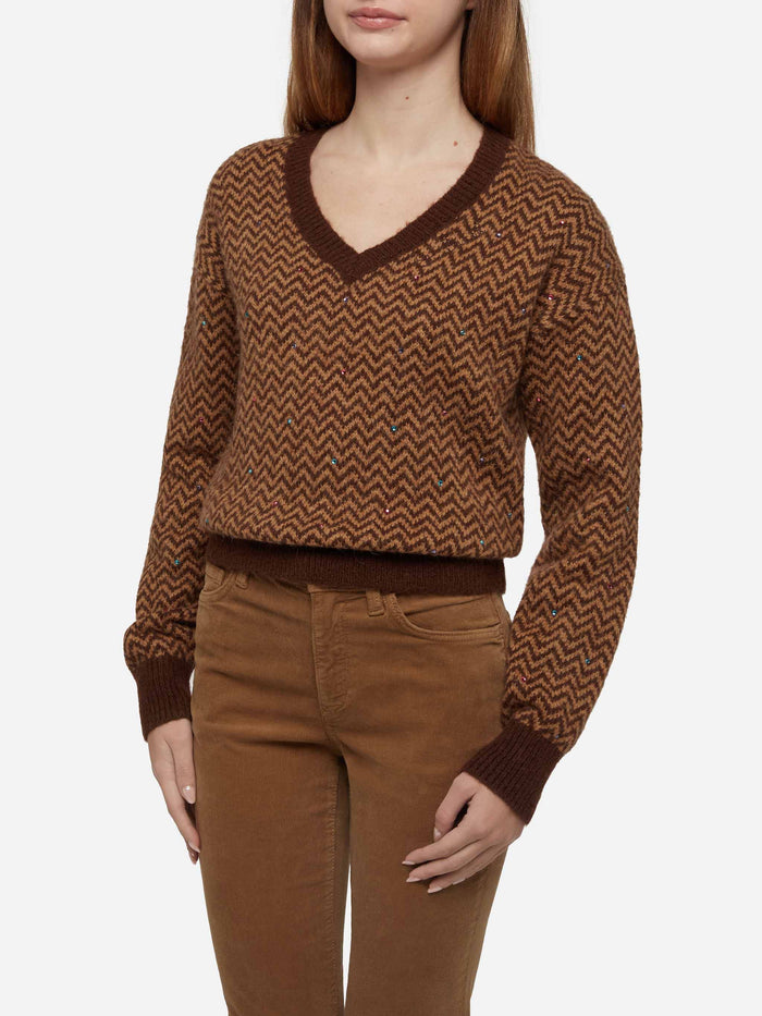 Annecy Soft Sweater With Diamond Pattern And V-Neck Brown