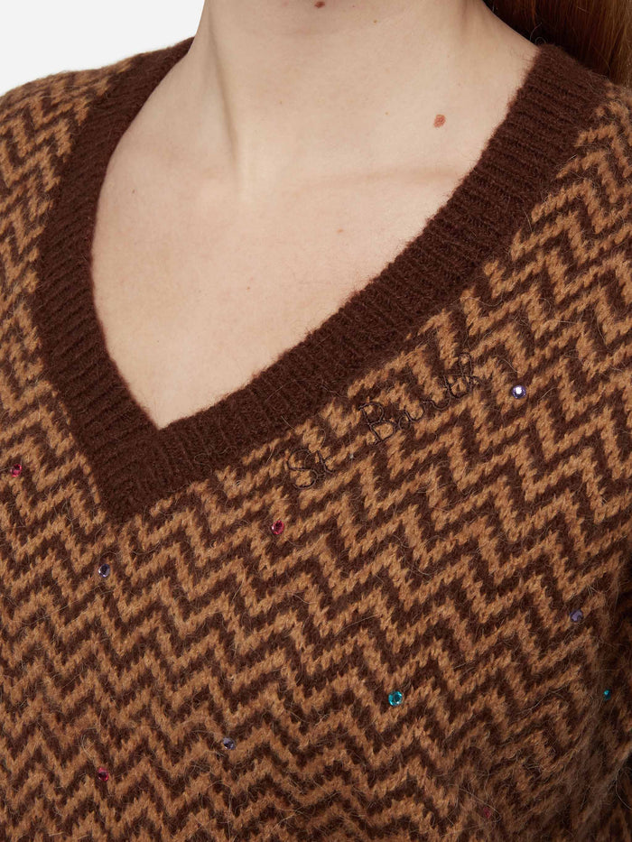 Annecy Soft Sweater With Diamond Pattern And V-Neck Brown