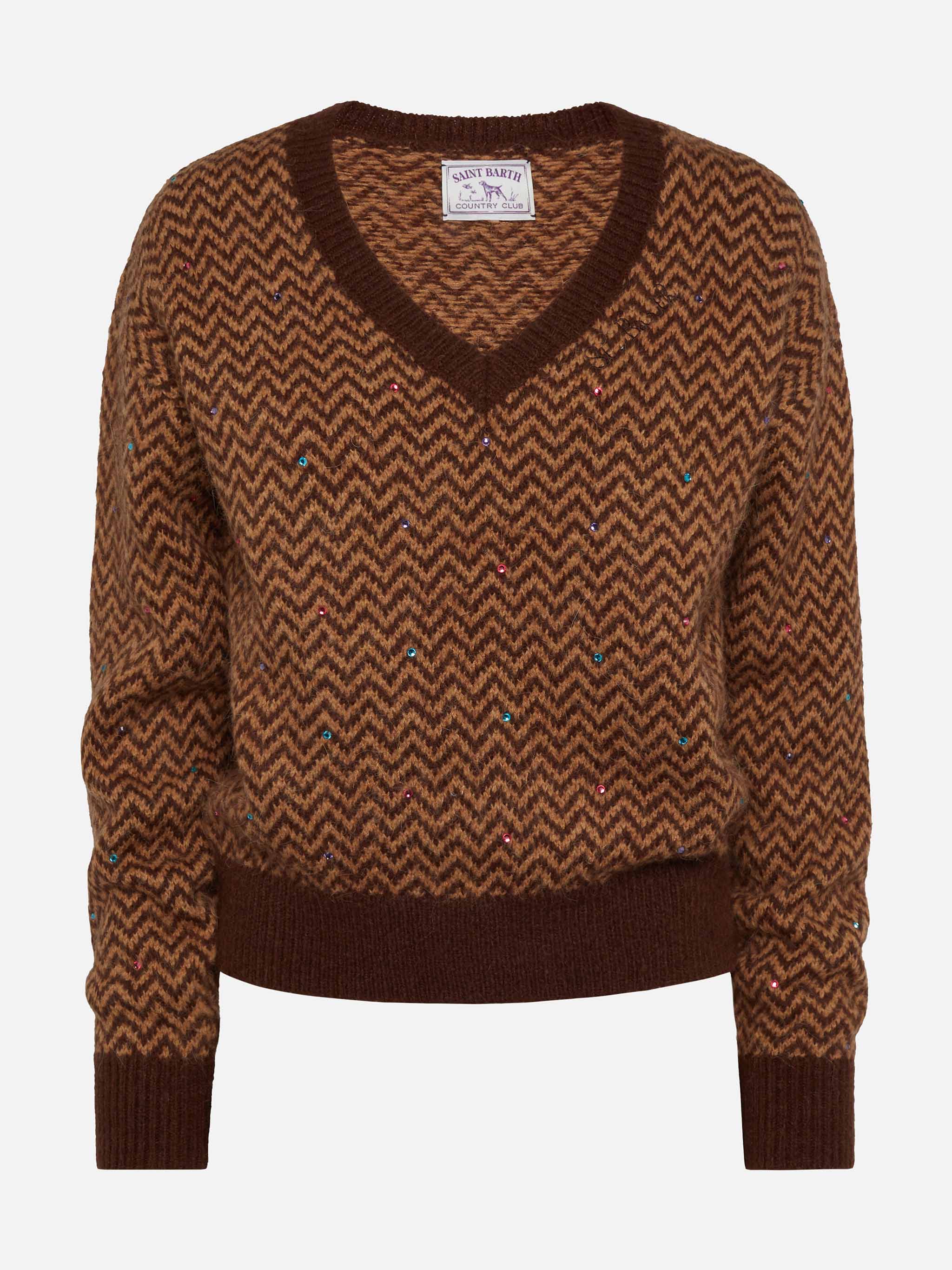 Annecy Soft Sweater With Diamond Pattern And V-Neck Brown