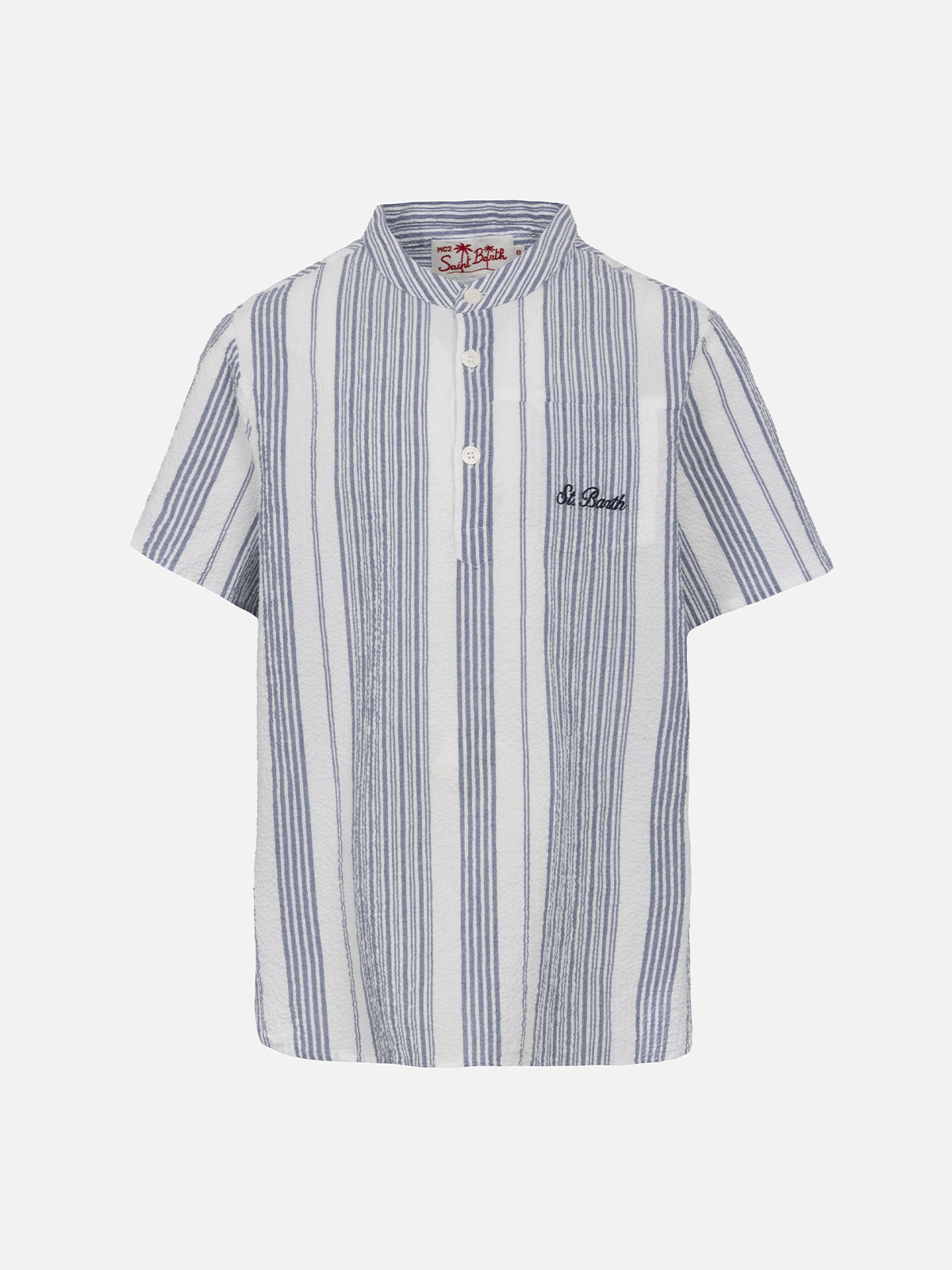 Boy Short Sleeved Seersucker Shirt With Striped All Over Print Blue