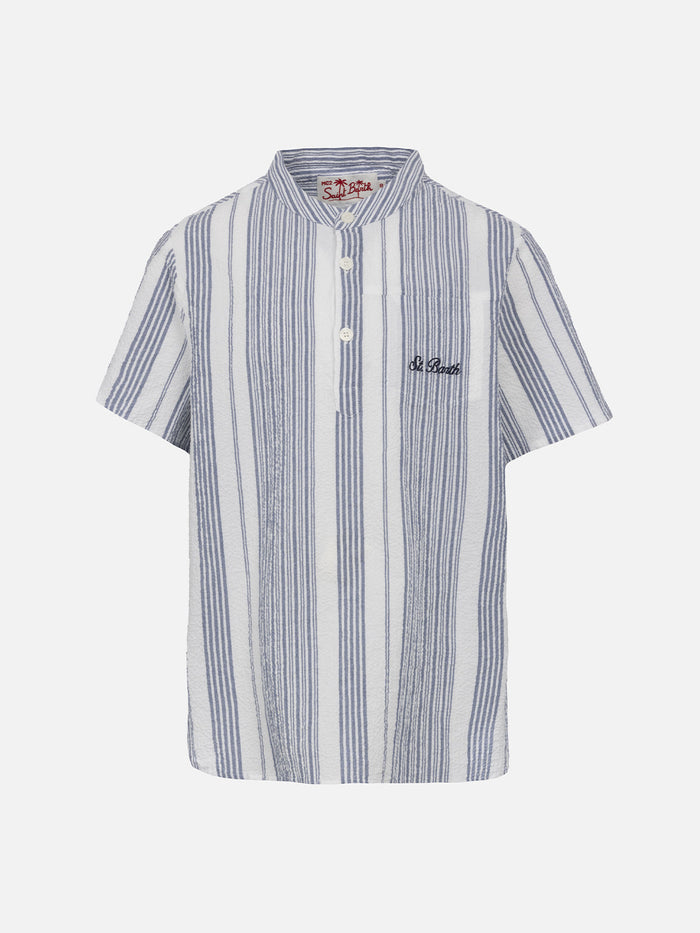 Boy Short Sleeved Seersucker Shirt With Striped All Over Print Blue