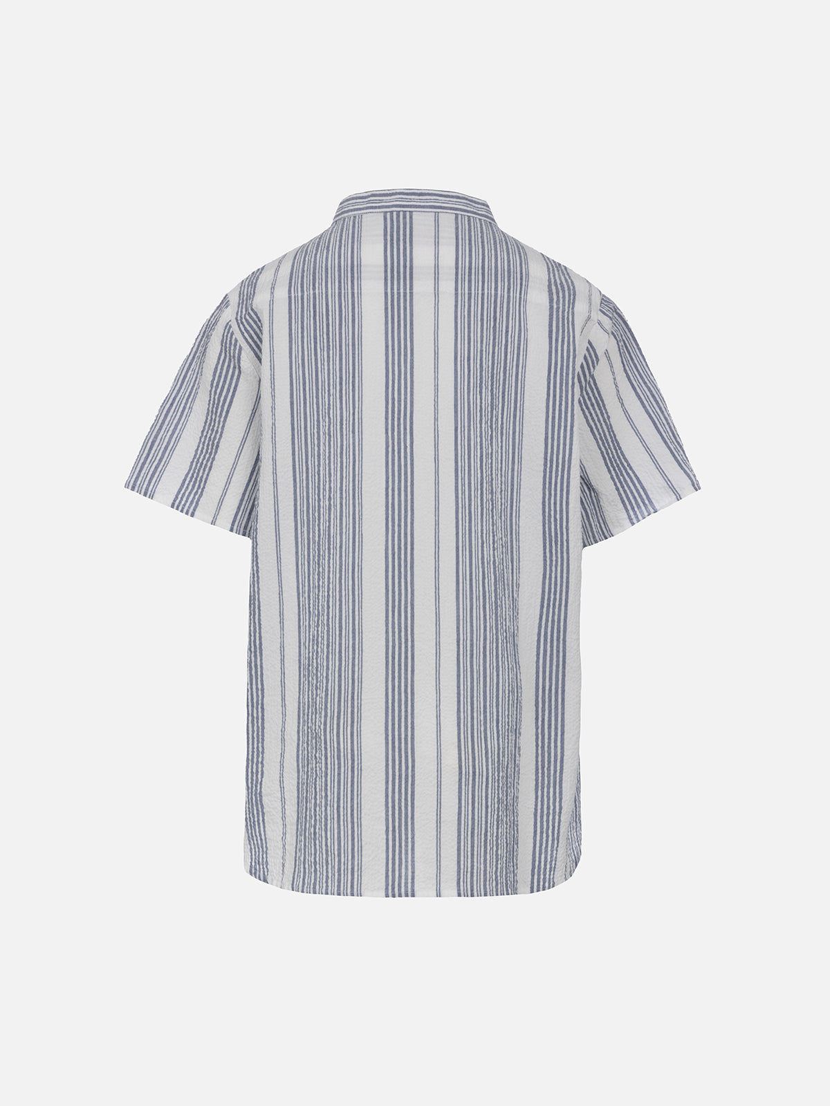 Boy Short Sleeved Seersucker Shirt With Striped All Over Print Blue