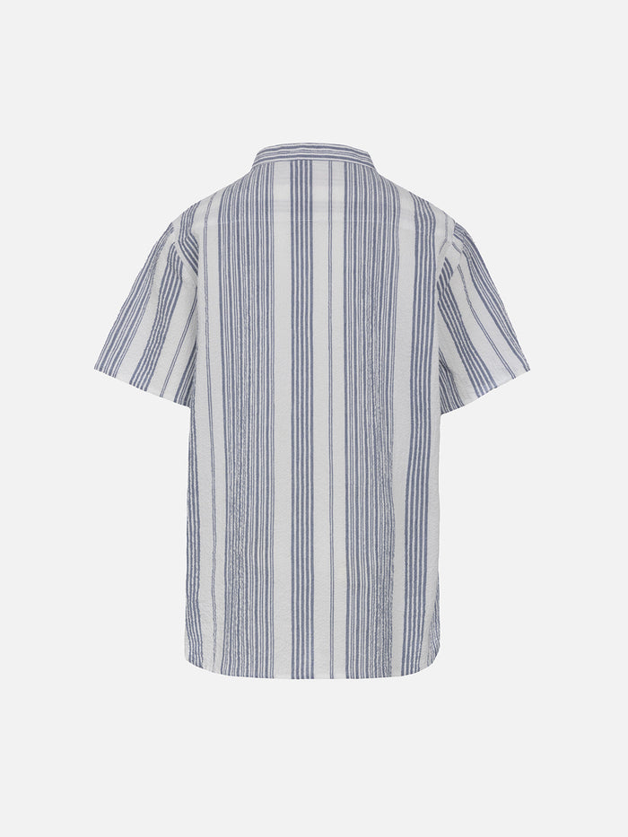 Boy Short Sleeved Seersucker Shirt With Striped All Over Print Blue