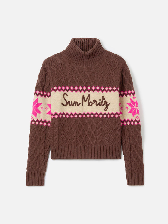 Brown Braided Anton Sweater With Half Turtleneck
