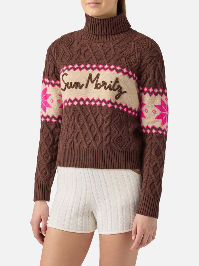 Brown Braided Anton Sweater With Half Turtleneck