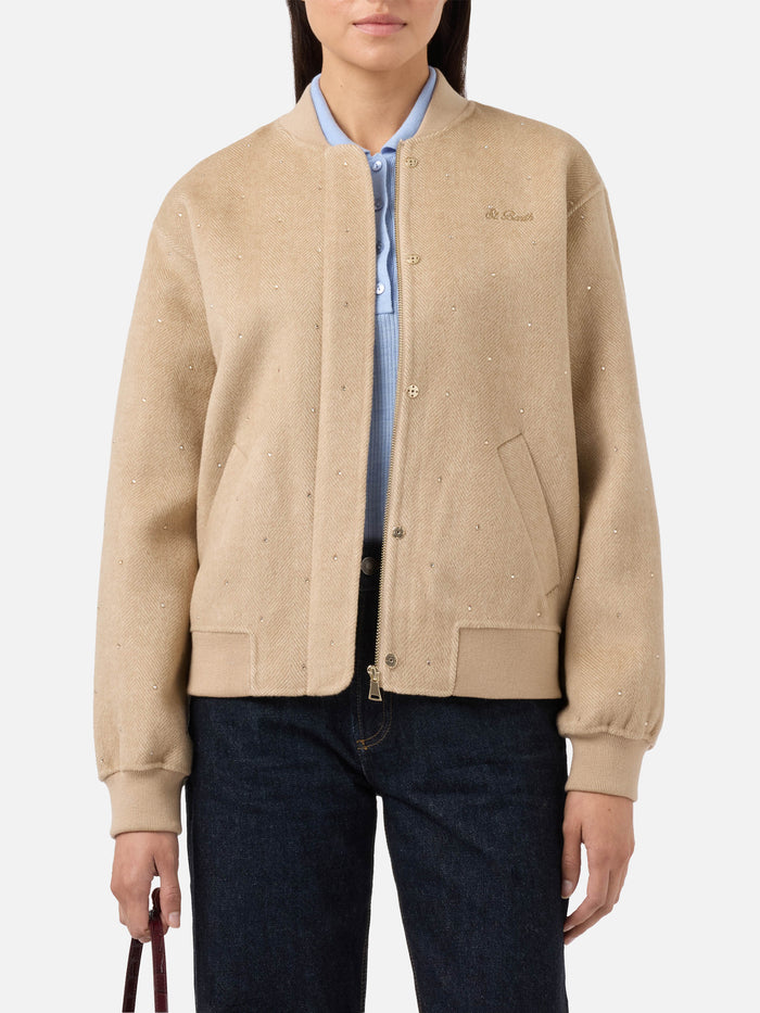 Adrien Double-Face Herringbone Bomber With Rhinestones Brown Jacket