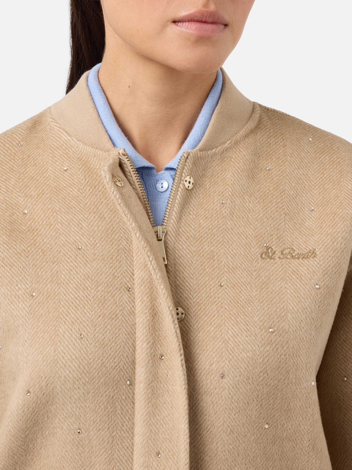 Adrien Double-Face Herringbone Bomber With Rhinestones Brown Jacket