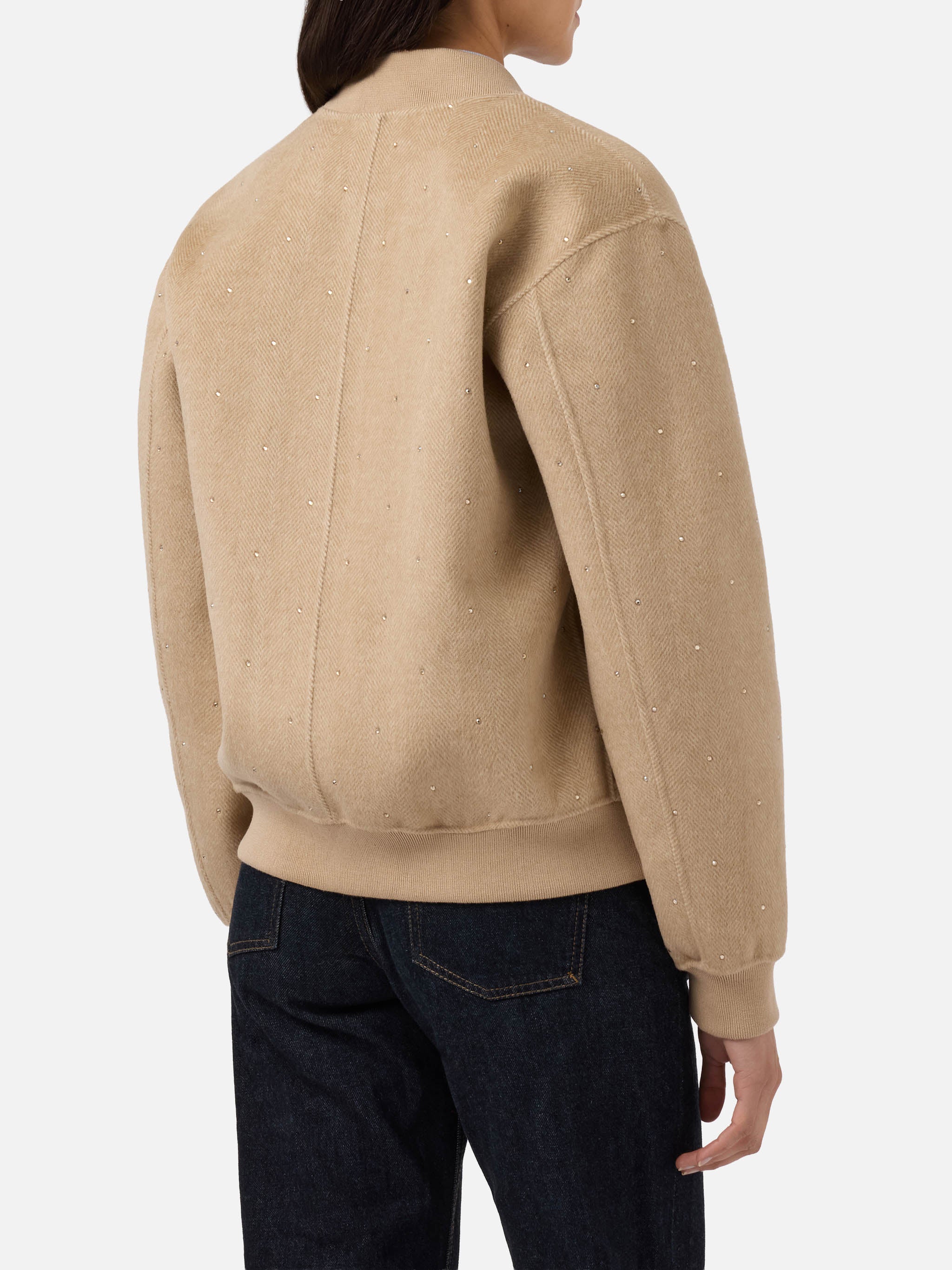 Adrien Double-Face Herringbone Bomber With Rhinestones Brown Jacket