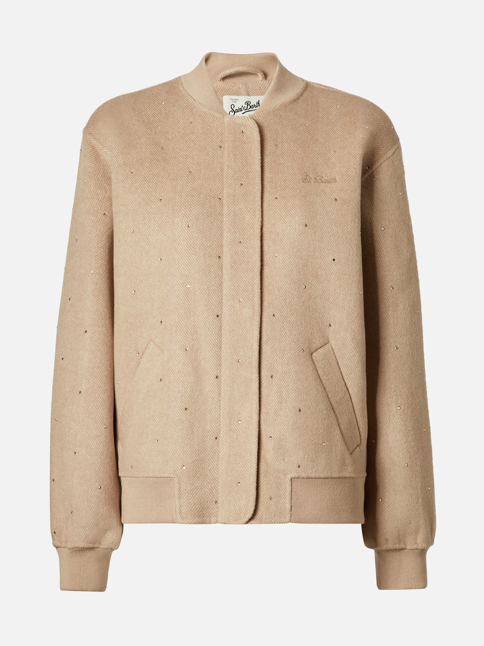 Adrien Double-Face Herringbone Bomber With Rhinestones Brown Jacket