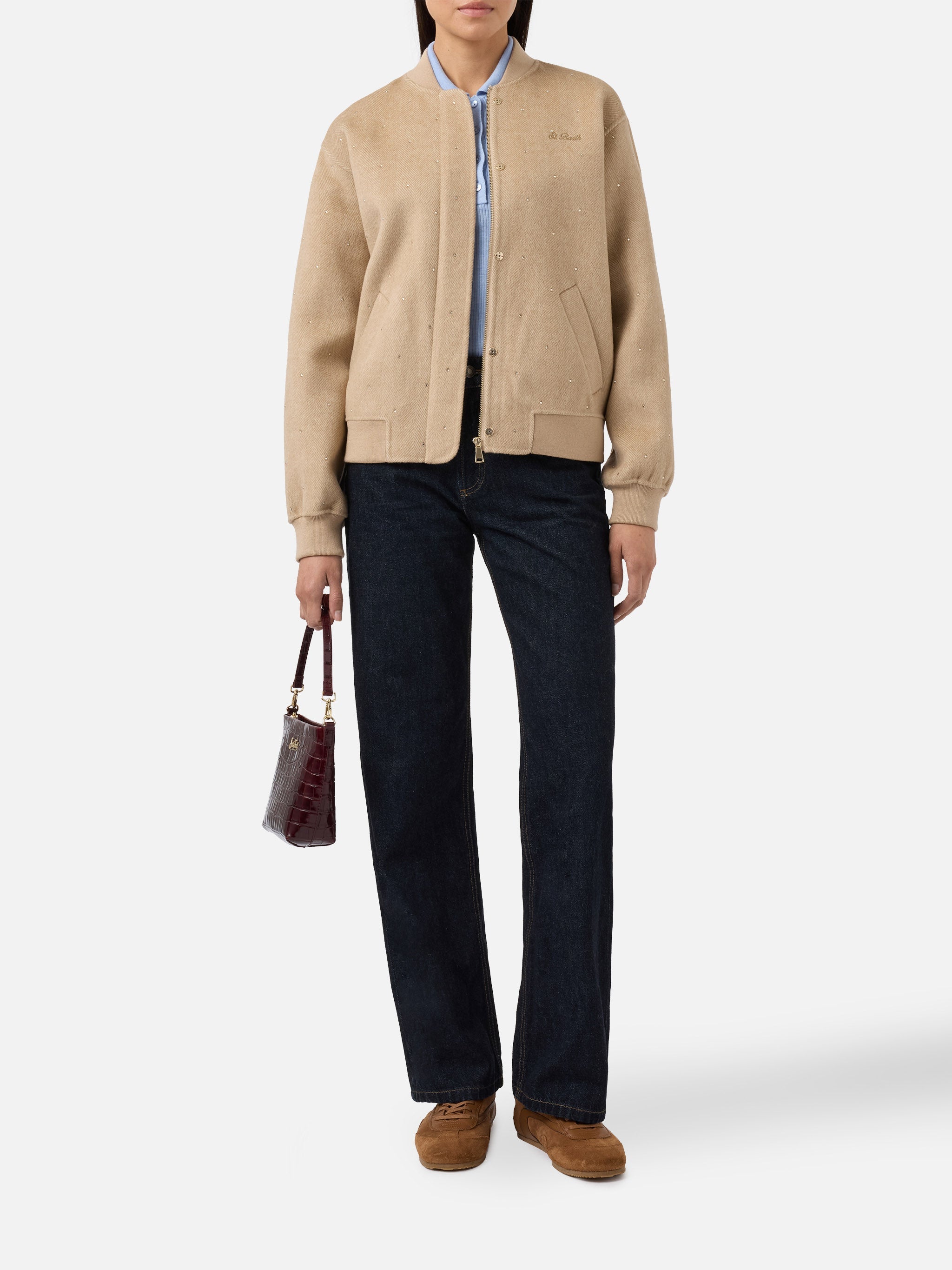 Adrien Double-Face Herringbone Bomber With Rhinestones Brown Jacket