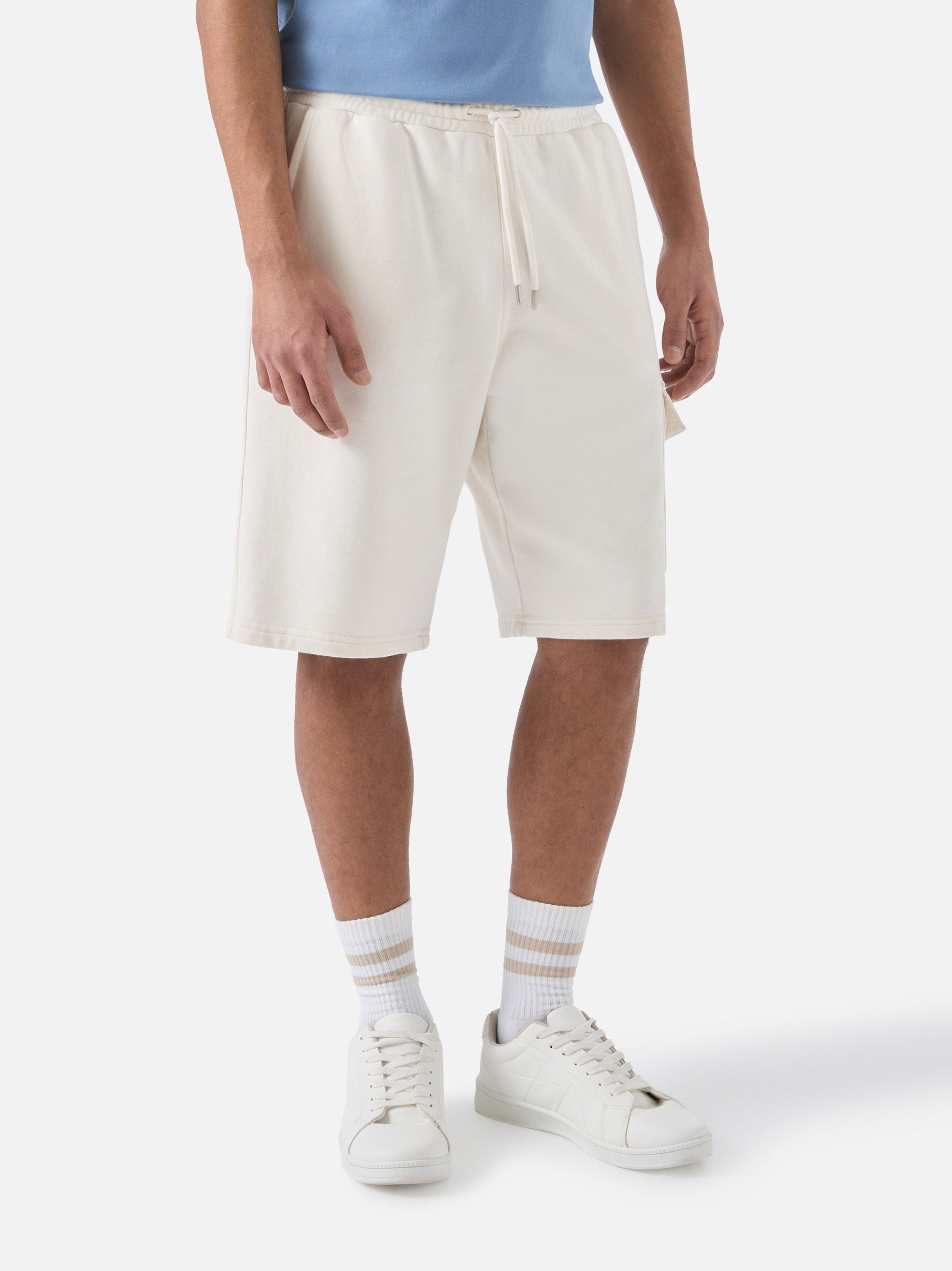 Argo Solid Cream Fleece Bermuda Shorts With Cargo Pocket White Pant