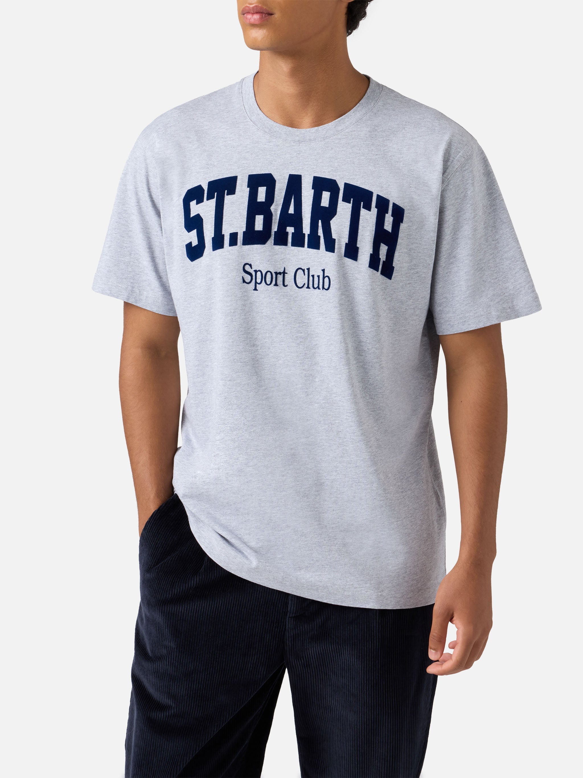 Arnott Cotton T-Shirt Blue With St. Barth Sport Club Flock Print Grey