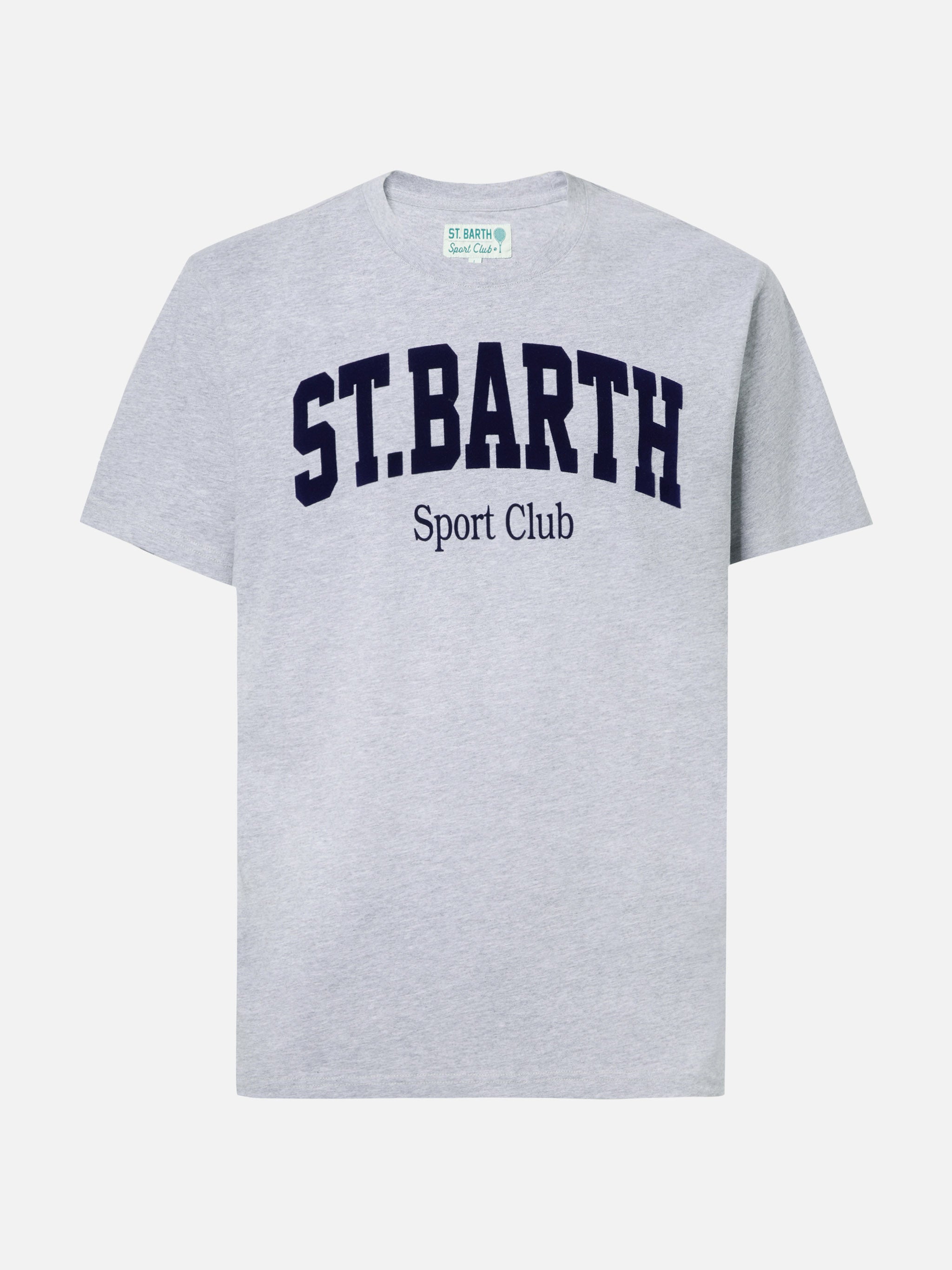 Arnott Cotton T-Shirt Blue With St. Barth Sport Club Flock Print Grey