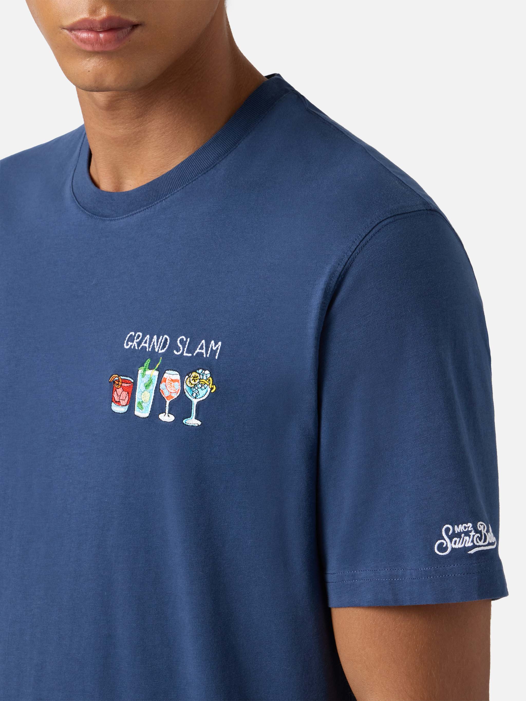 Arnott Cotton T-Shirt Blue With Grand Slam Embroidery And Bottle Print