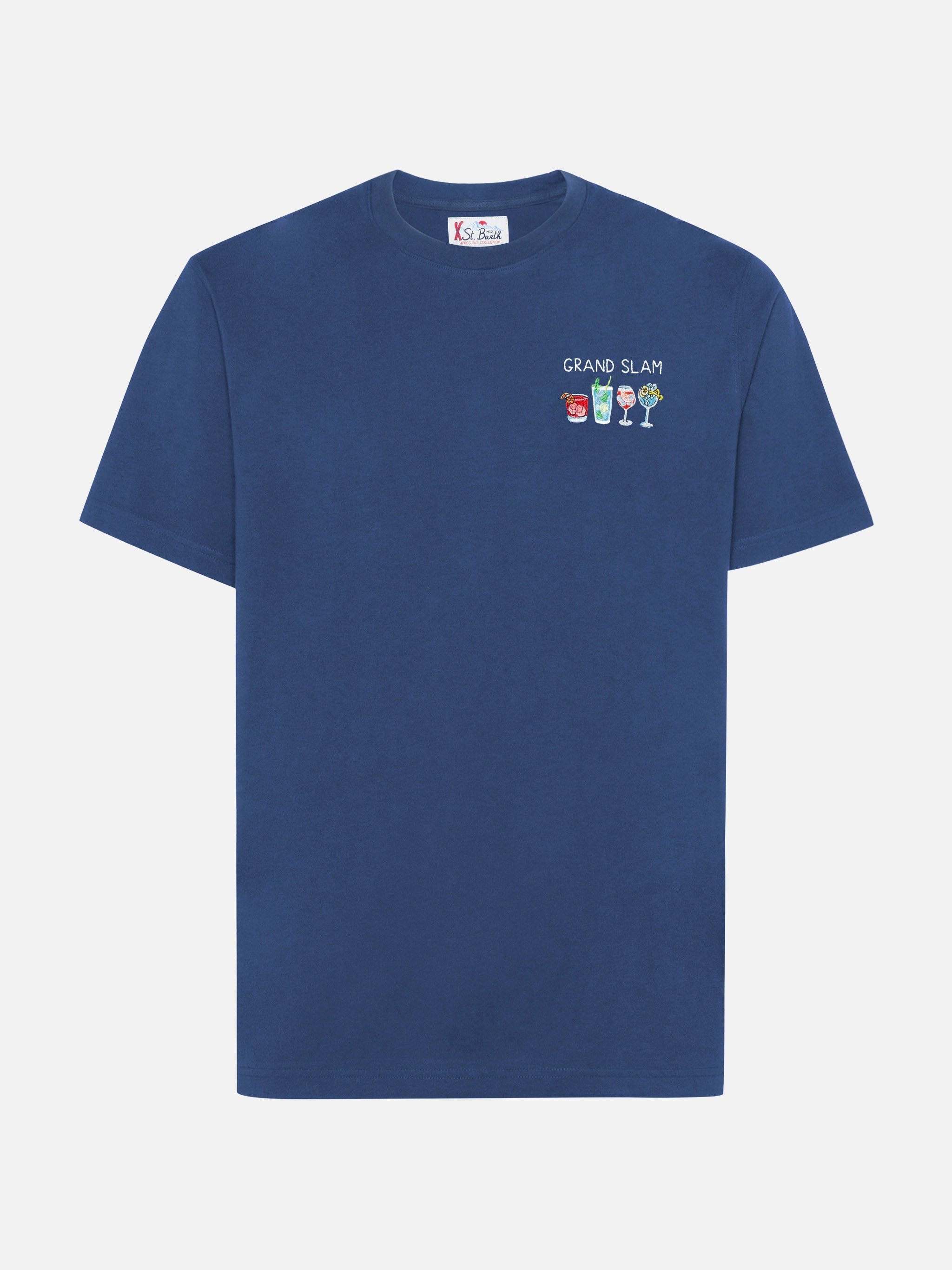 Arnott Cotton T-Shirt Blue With Grand Slam Embroidery And Bottle Print