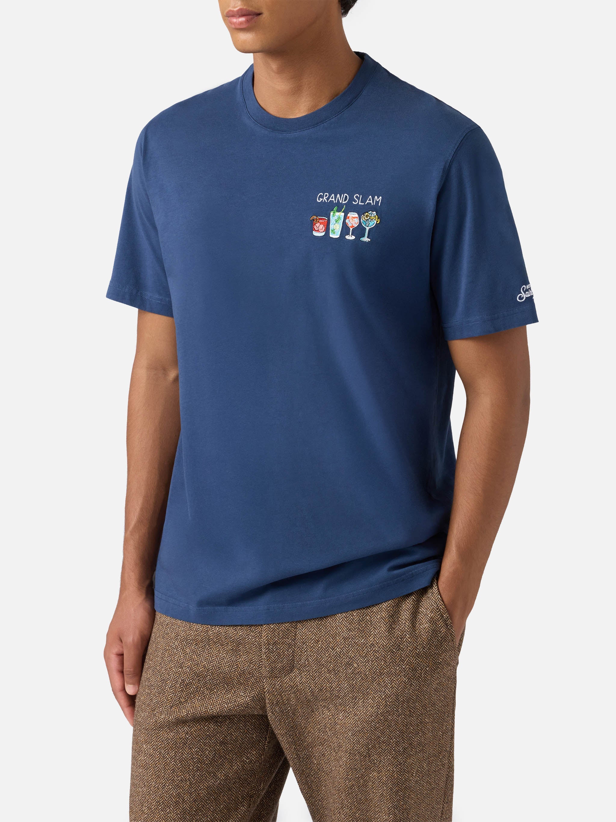 Arnott Cotton T-Shirt Blue With Grand Slam Embroidery And Bottle Print