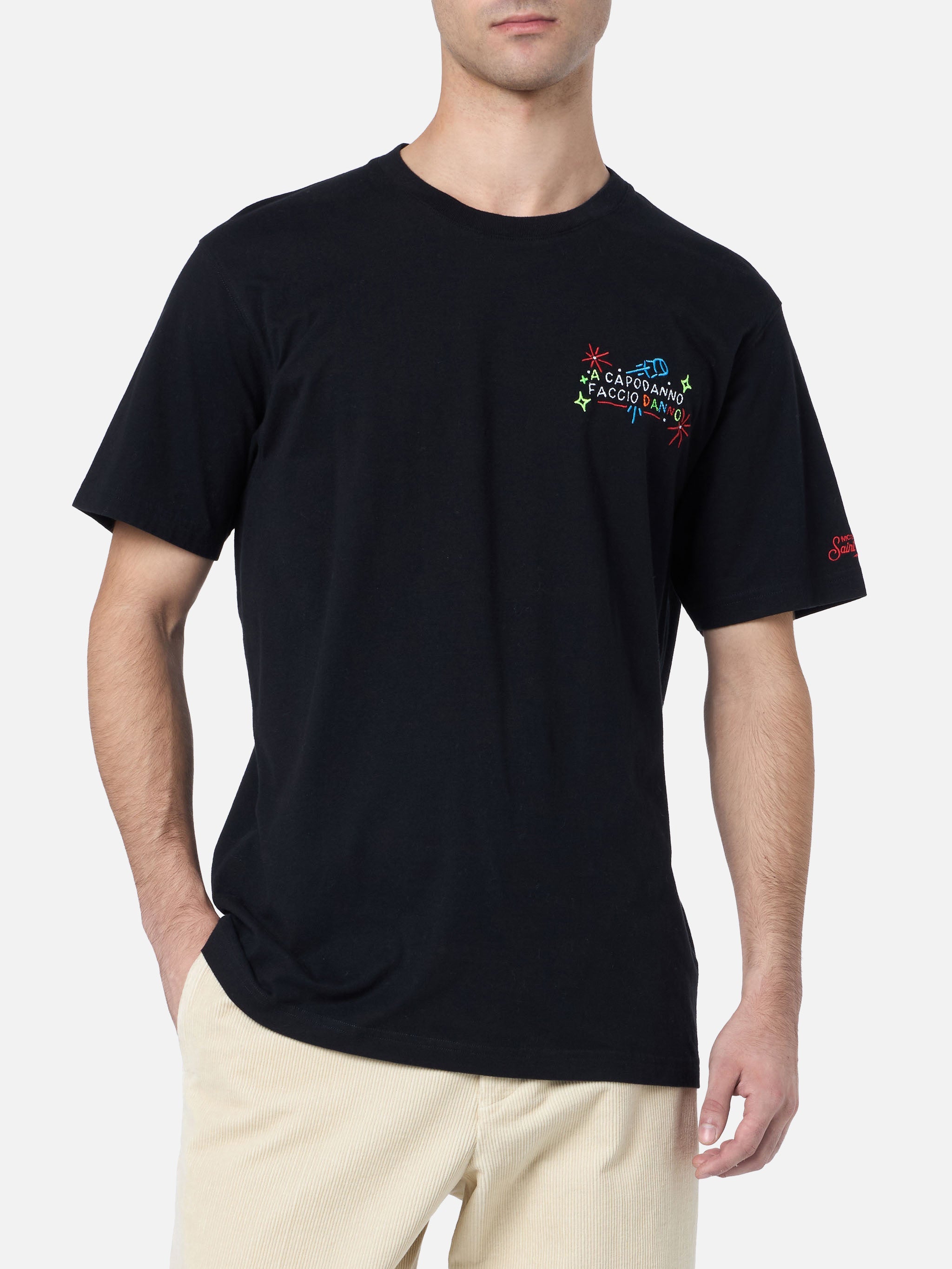 Man Heavy Cotton T-Shirt Arnott With A Capodanno Faccio Danno Embroidery | Insulti Luminosi Special Edition Black