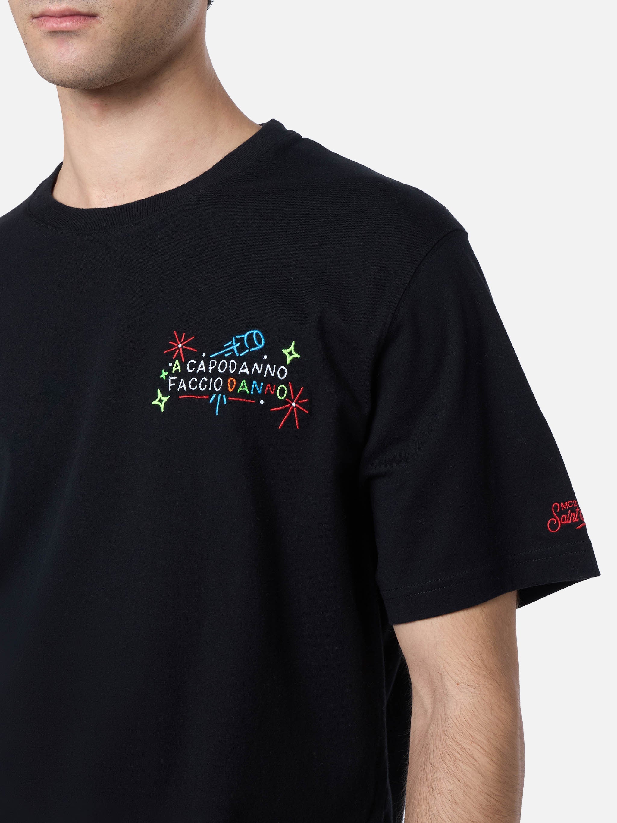 Man Heavy Cotton T-Shirt Arnott With A Capodanno Faccio Danno Embroidery | Insulti Luminosi Special Edition Black
