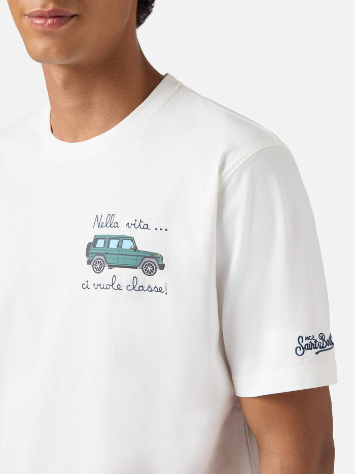 Arnott Cotton T-Shirt White With Car And Nella Vita Ci Vuole Classe Embroidery