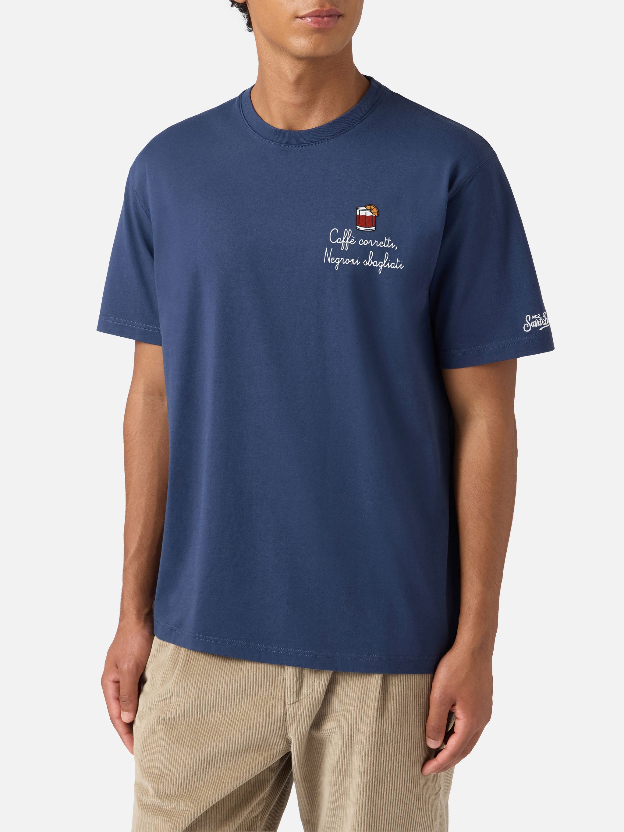 Arnott Cotton T-Shirt Blue With Caffè Corretti Negroni Sbagliati Embroidery