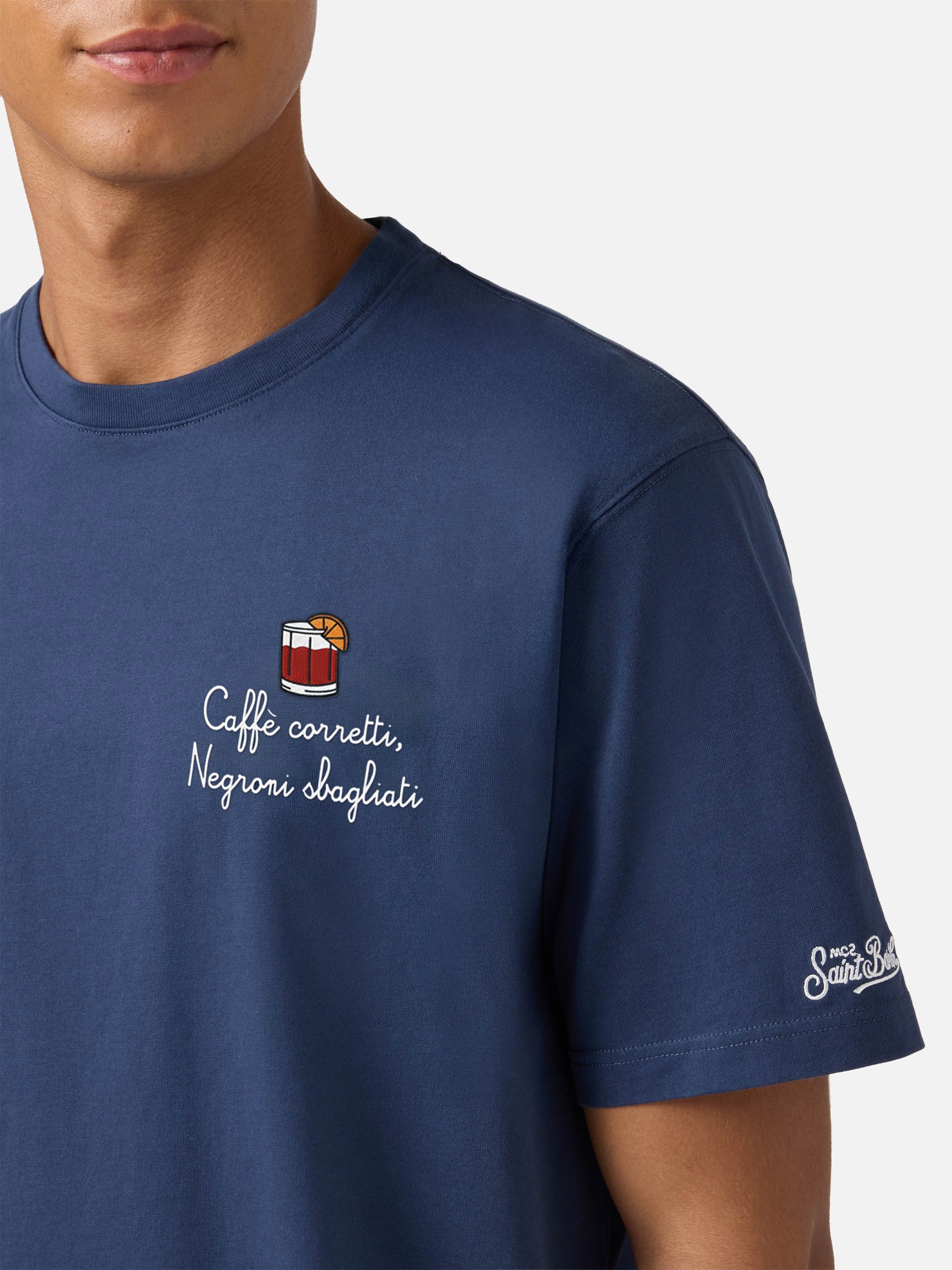 Arnott Cotton T-Shirt Blue With Caffè Corretti Negroni Sbagliati Embroidery