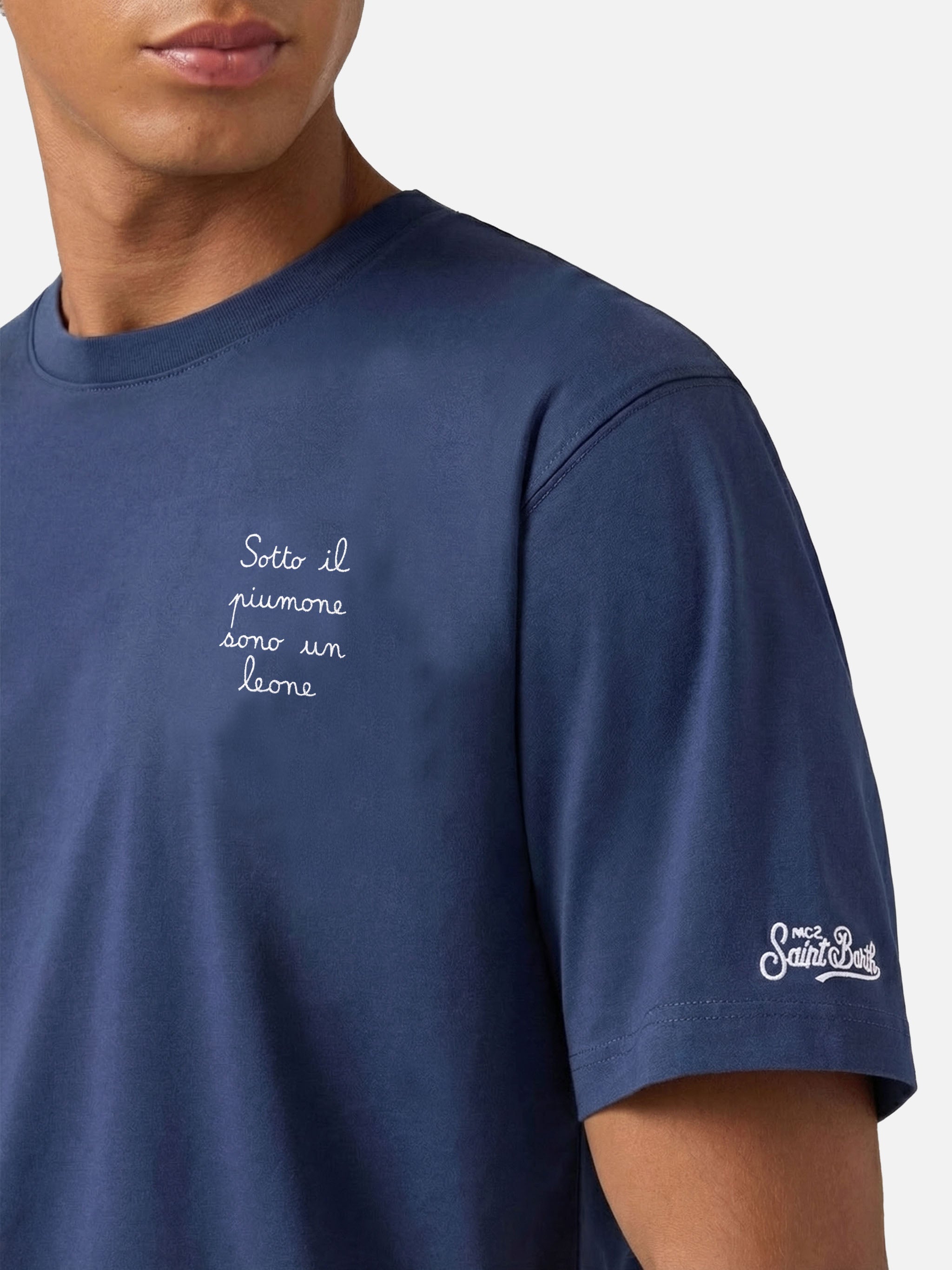 Arnott Cotton T-Shirt Blue With Sotto Il Piumone Sono Un Leone Embroidery