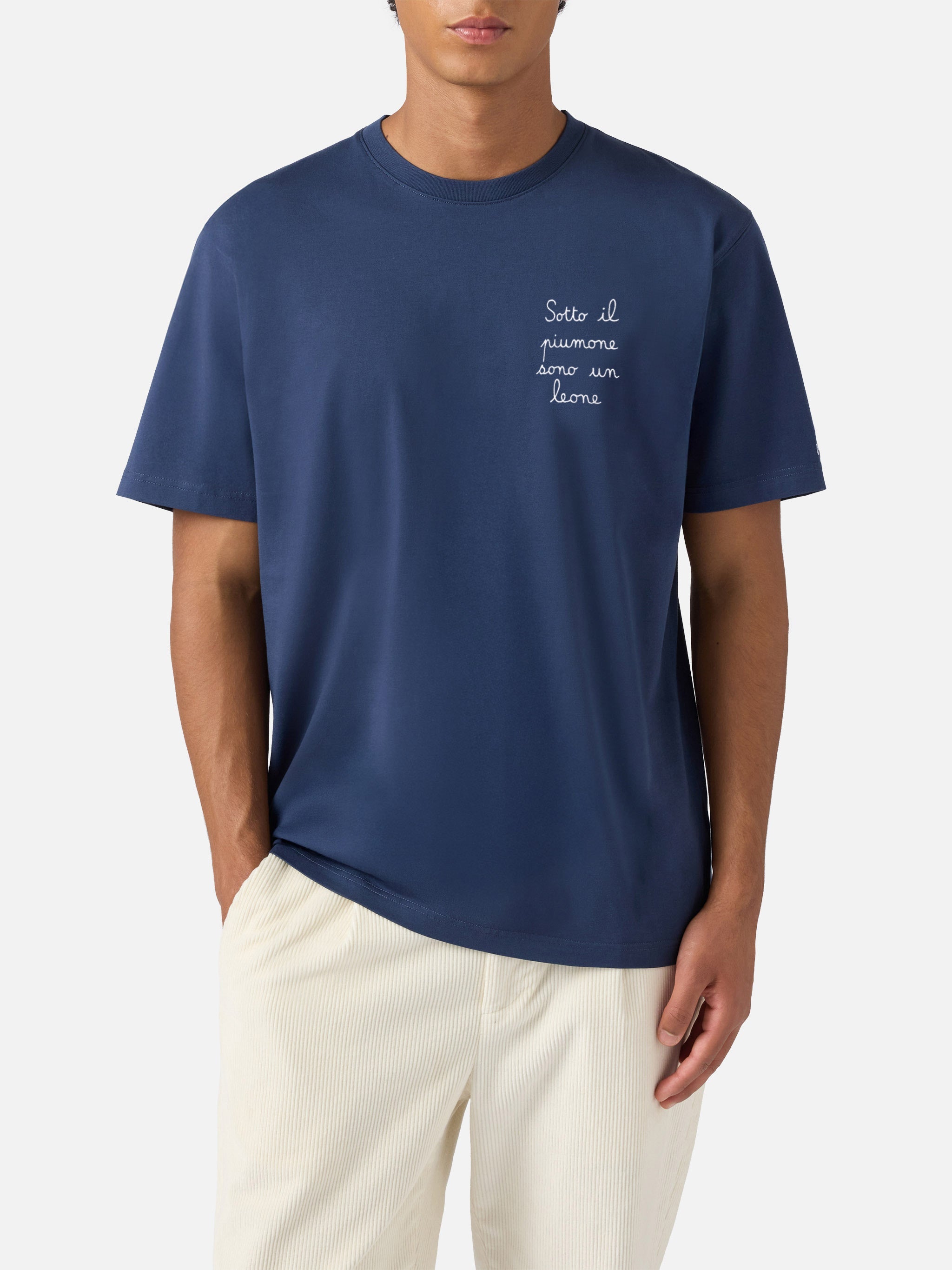 Arnott Cotton T-Shirt Blue With Sotto Il Piumone Sono Un Leone Embroidery