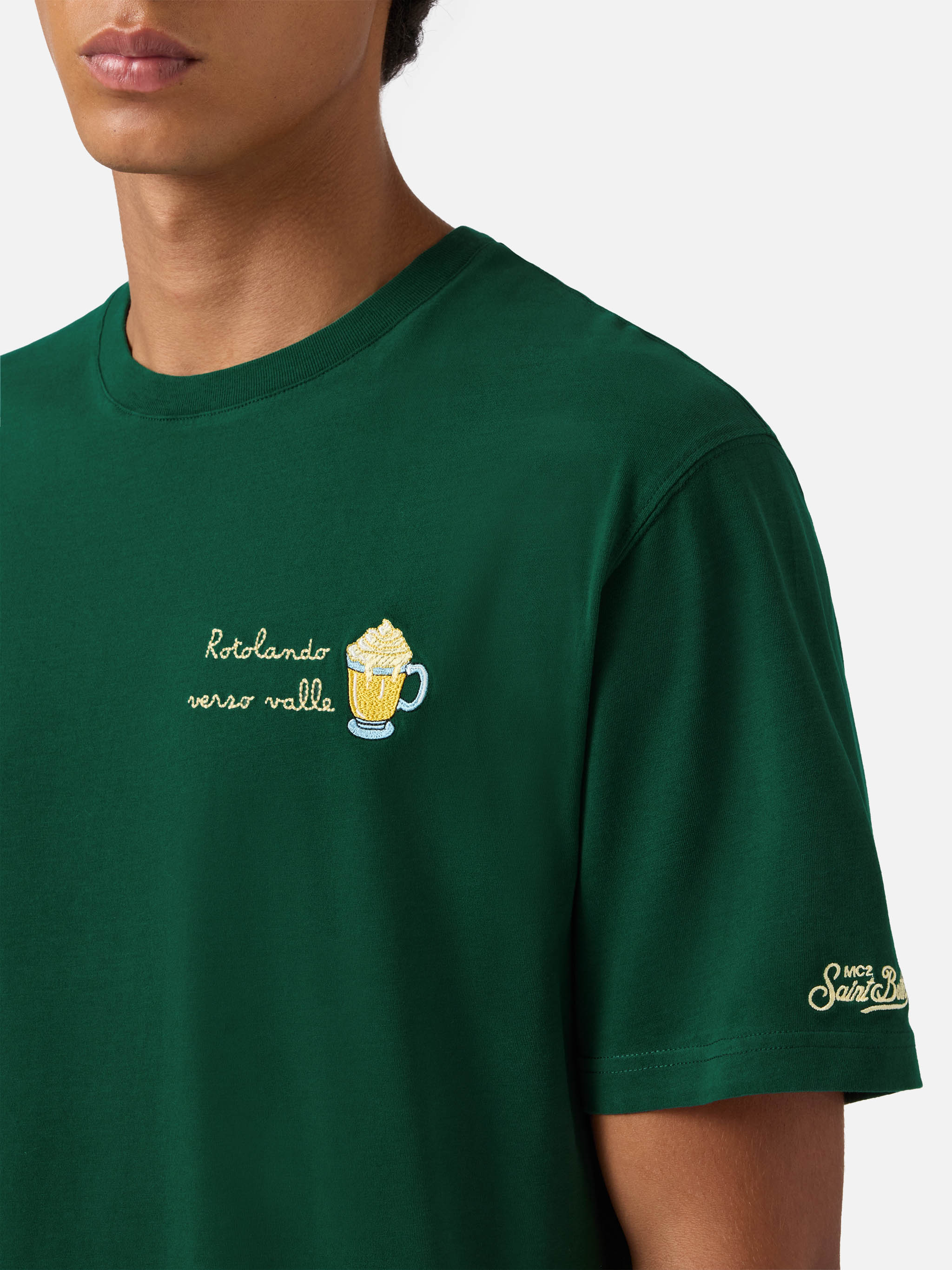 Arnott Warm-Touch Cotton T-Shirt Green With Rotolando Verso Valle Embroidery