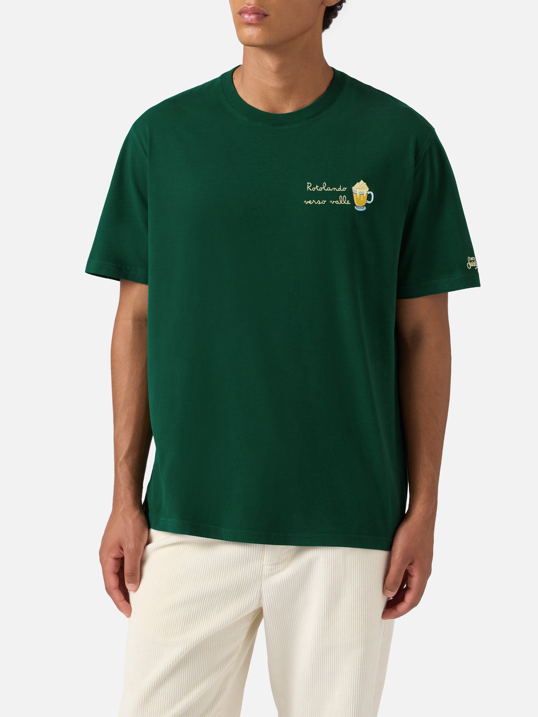 Arnott Warm-Touch Cotton T-Shirt Green With Rotolando Verso Valle Embroidery