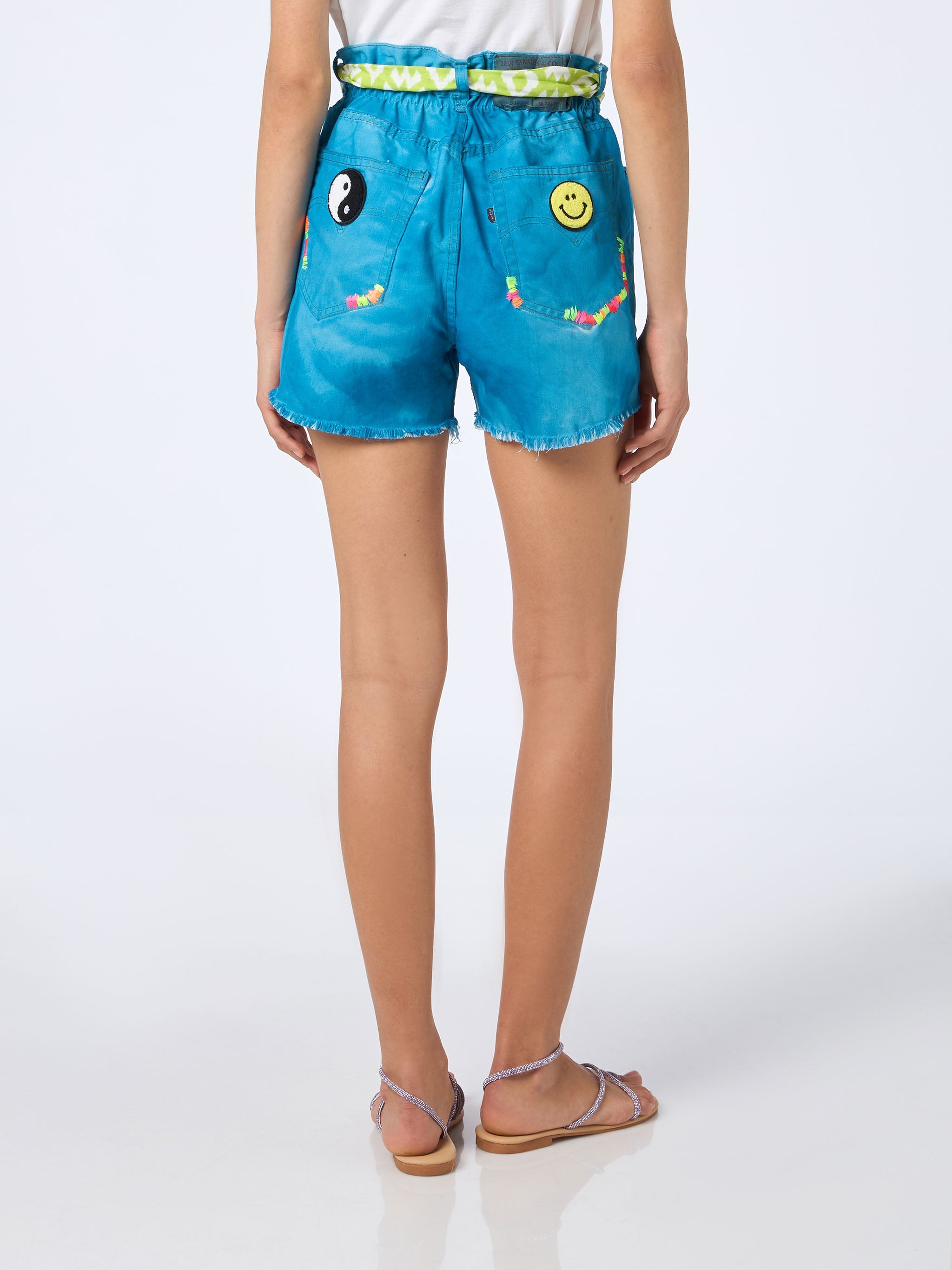 Turquoise Arizona Denim Shorts With Embroidery And Appliqués Blue Pant