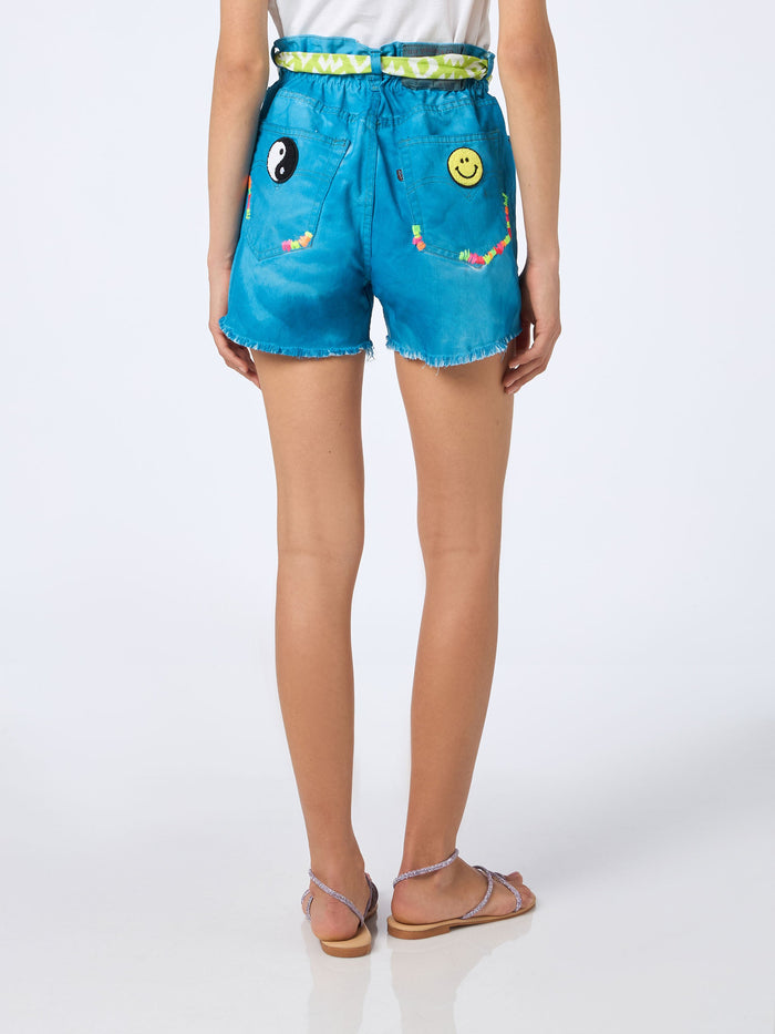 Turquoise Arizona Denim Shorts With Embroidery And Appliqués Blue Pant