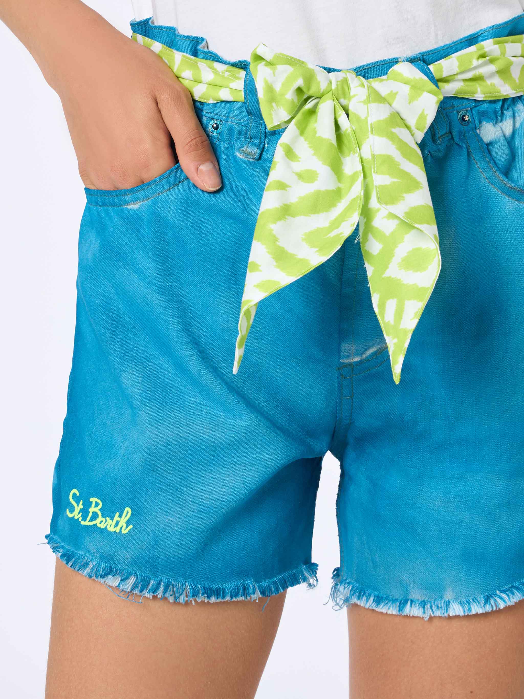 Turquoise Arizona Denim Shorts With Embroidery And Appliqués Blue Pant