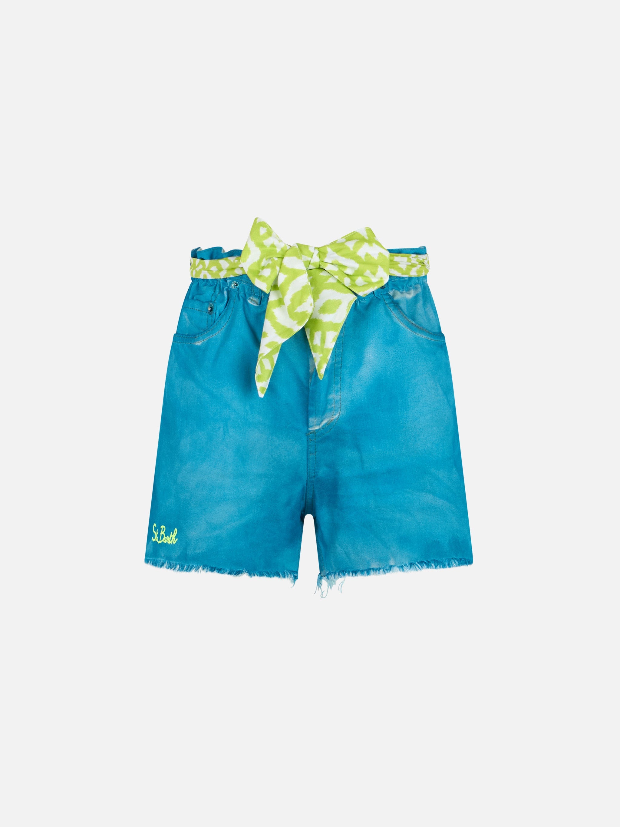 Turquoise Arizona Denim Shorts With Embroidery And Appliqués Blue Pant