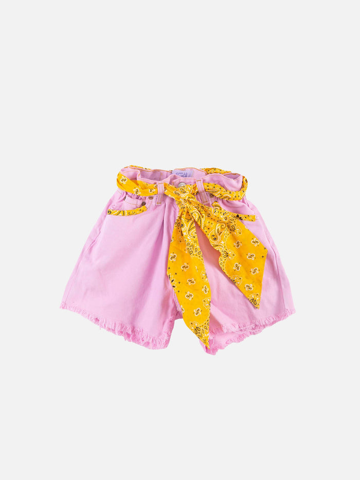 Girl Upcycled Denim Shorts With Embroidery Yellow Pant