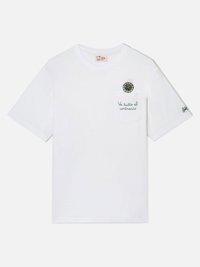 White Austin T-Shirt With Watch And Va Tutto Al Contrario Embroidery