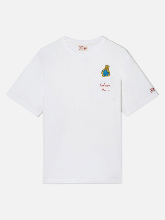 White Austin T-Shirt With Watch And Golden Hour Embroidery